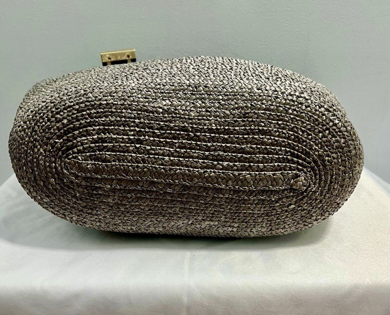 Lanvin Blue And Gray Straw Handbag With Red Flower Accent, Medium Size