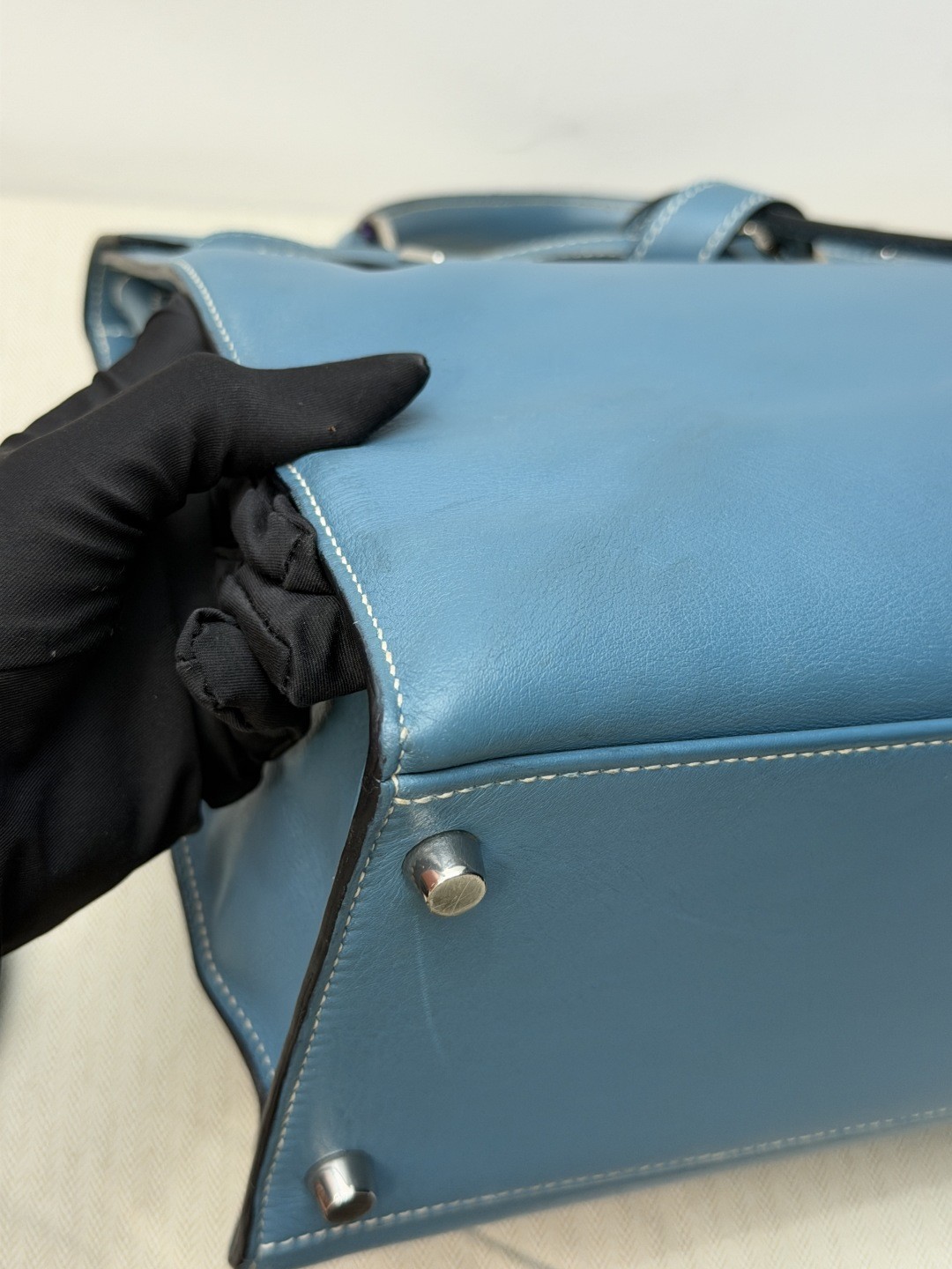 Authentic Hermes Kelly Flat35 Tote Blue 2Way Handbag Crossbody Silver Hardware