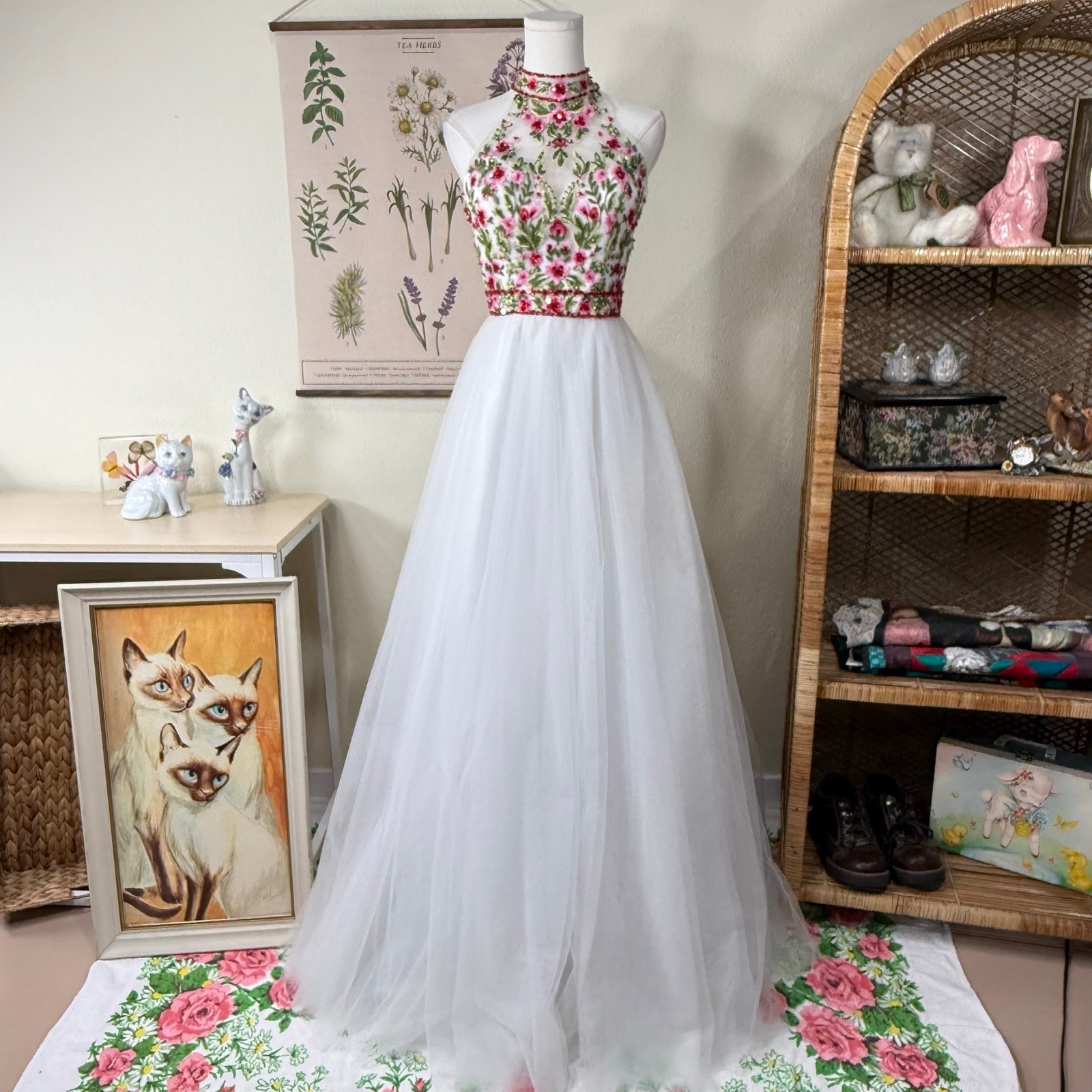 Floral Embroidered Beaded Tulle Formal Dress Ball Gown Romantic Fairy Ethereal 4