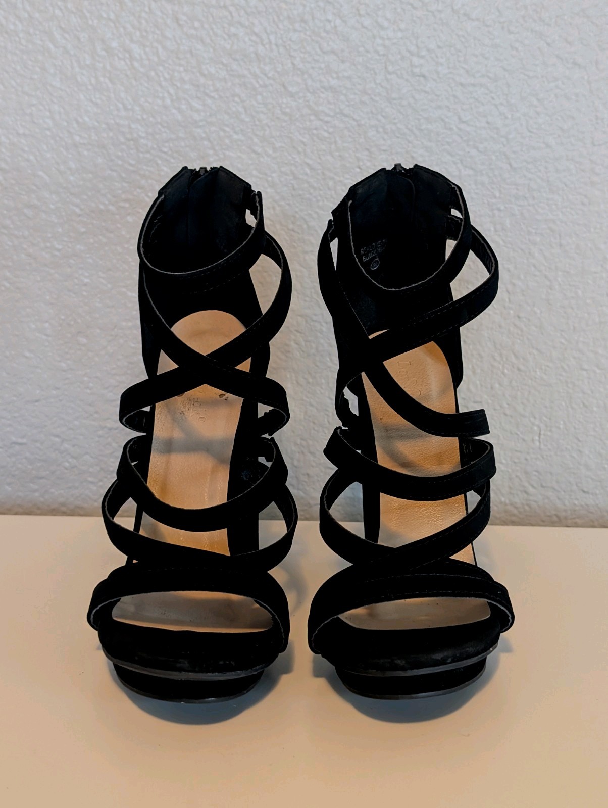 Women’s Black Strappy Open Toe Block Heel Ankle Strap Zip Faux Leather 8.5