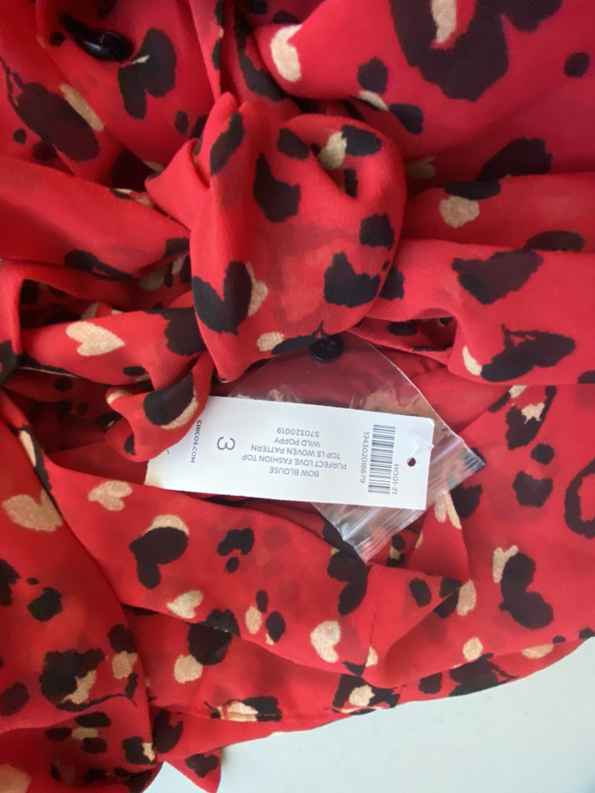 Chico’s Blouse Womens 3 Red Leopard Heart Sheer Top Tie Neck Long Sleeve NWT