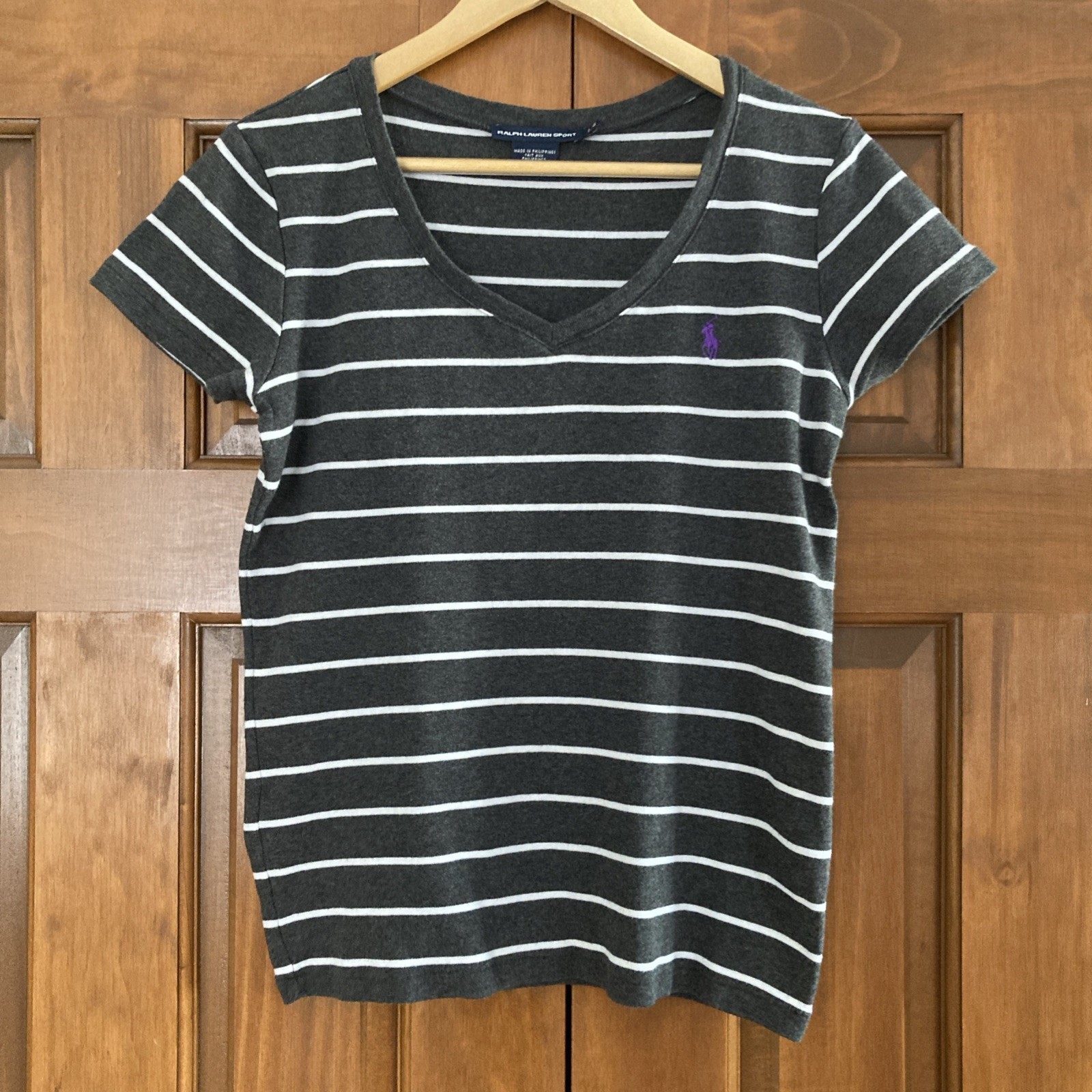 Ralph Lauren Sport Gray White Striped V-neck T Shirt Women’s Sz Large L