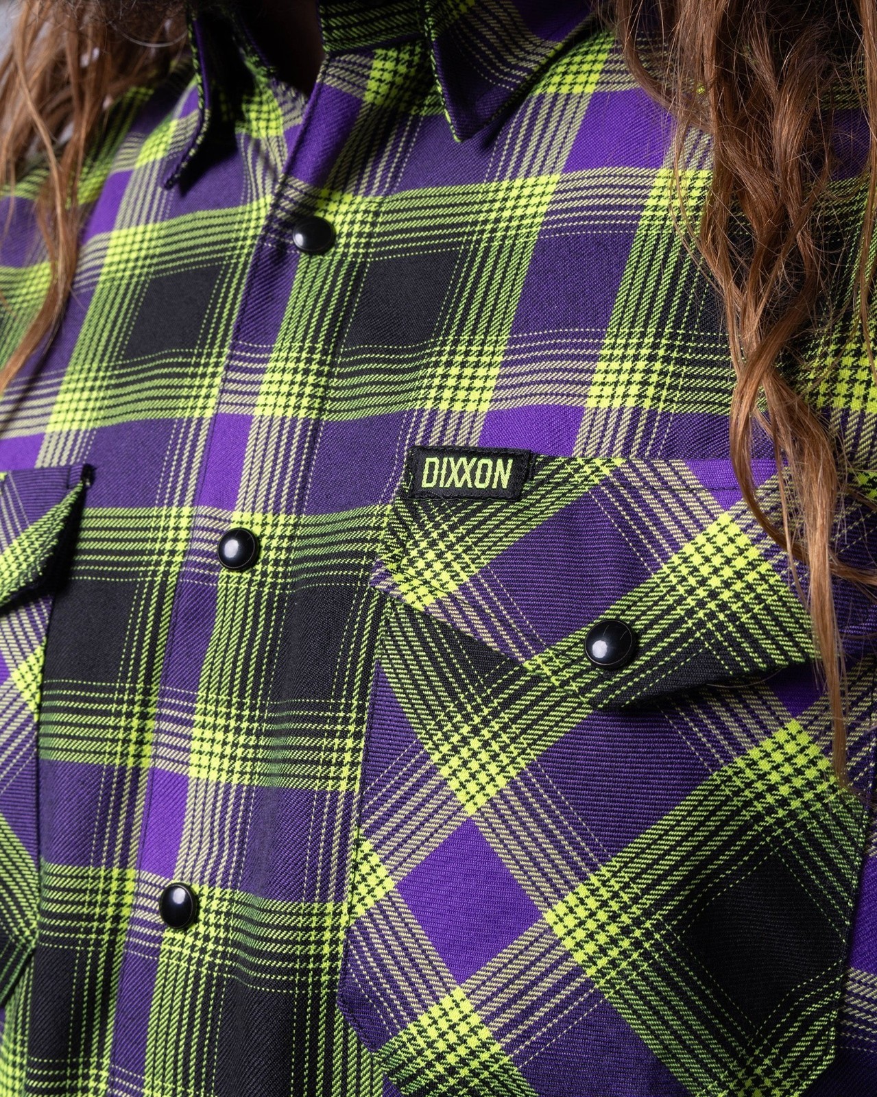 DIXXON Flannel “Rob Zombie” Men’s XL Neon Green & Purple Plaid Snap Band Shirt
