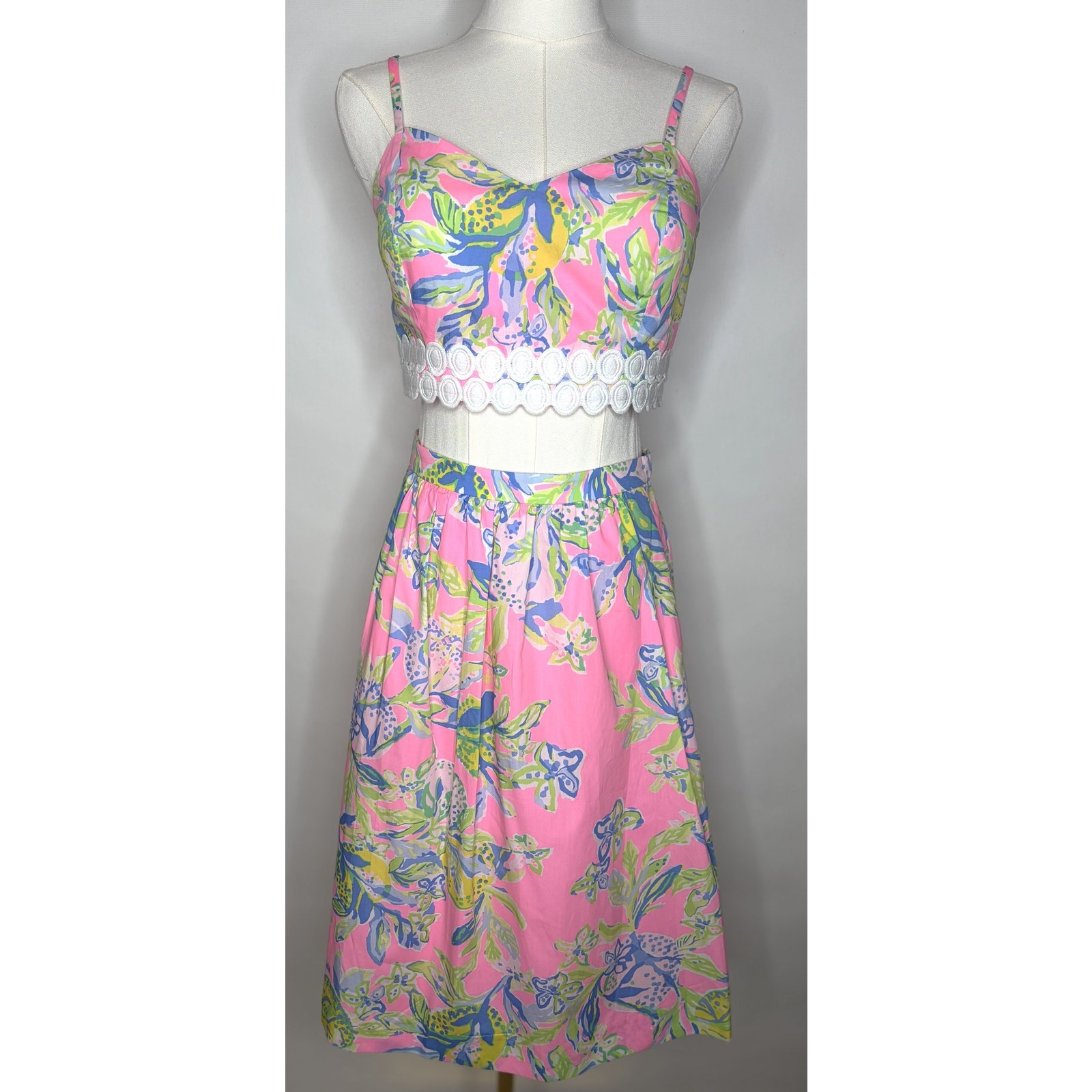 Lilly Pulitzer Pink Tropical Print Two-Piece Crop Top & Midi Skirt Set NWT