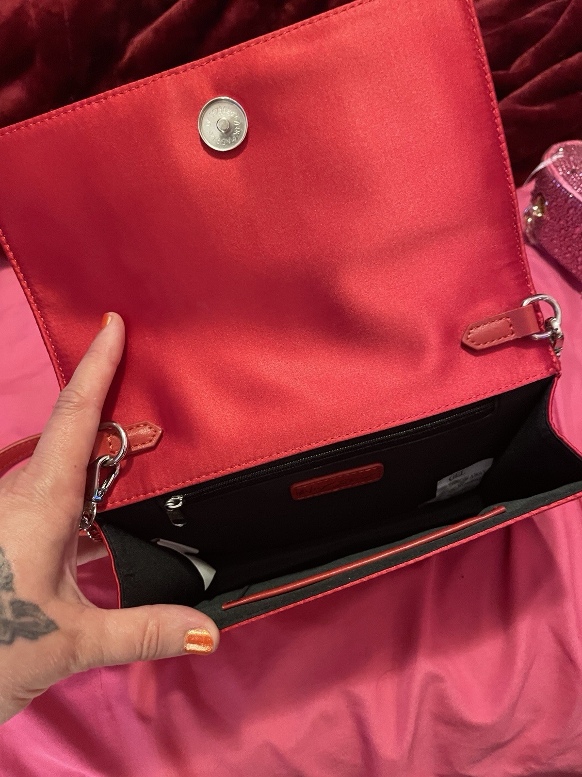 Betsey Johnson Red Satin Beaded Floral Clutch, Detachable Strap, Magnetic