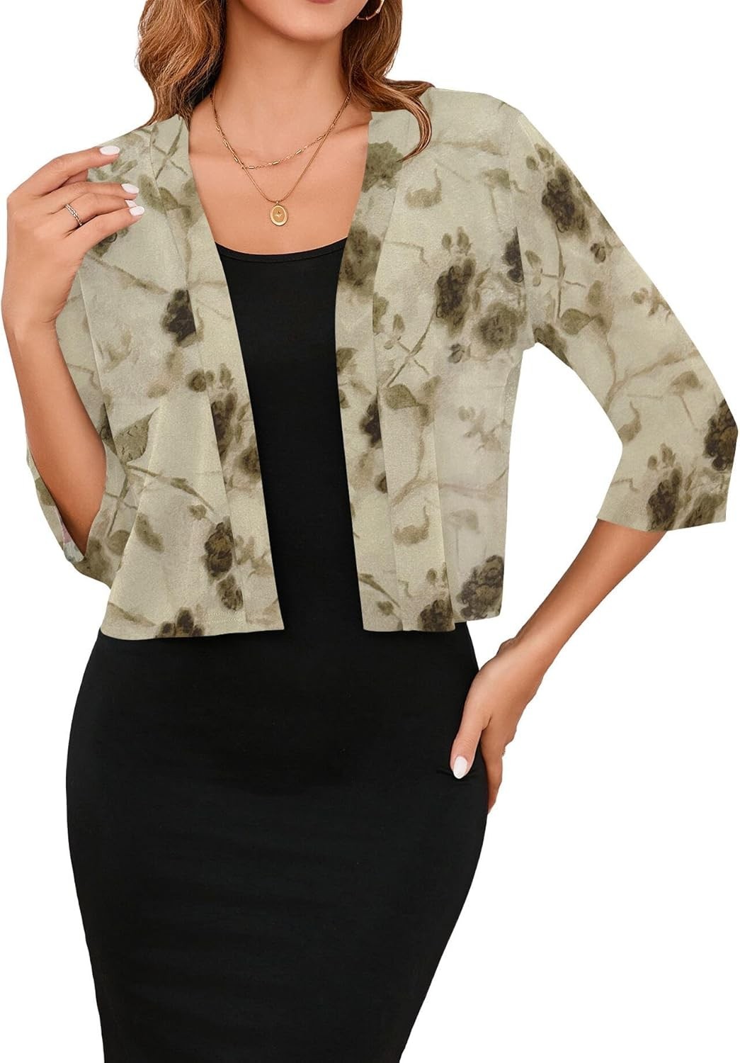 3/4 Sleeve Lightweight Open Front Cropped Cardigan Shrug for Women Summer Knit