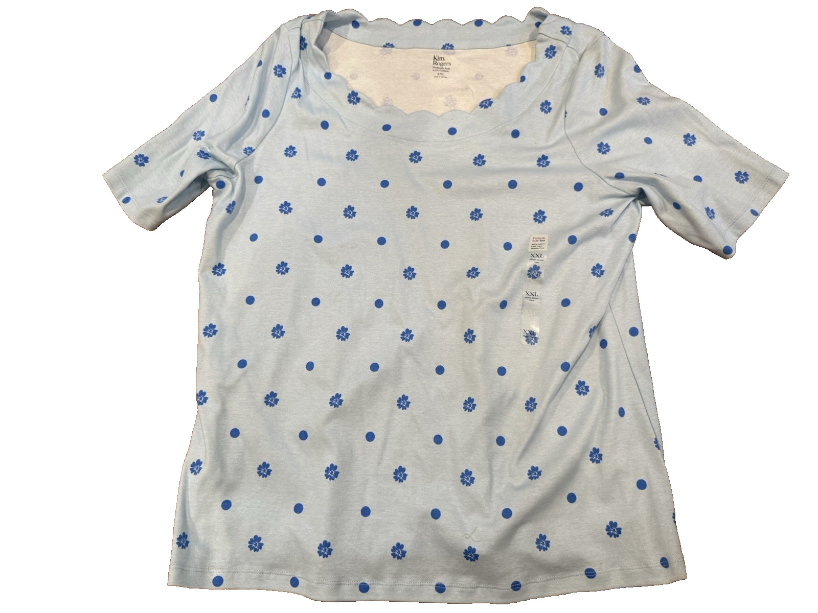 Kim Rogers women size XXL short sleeve blue floral and dots cotton NWT top
