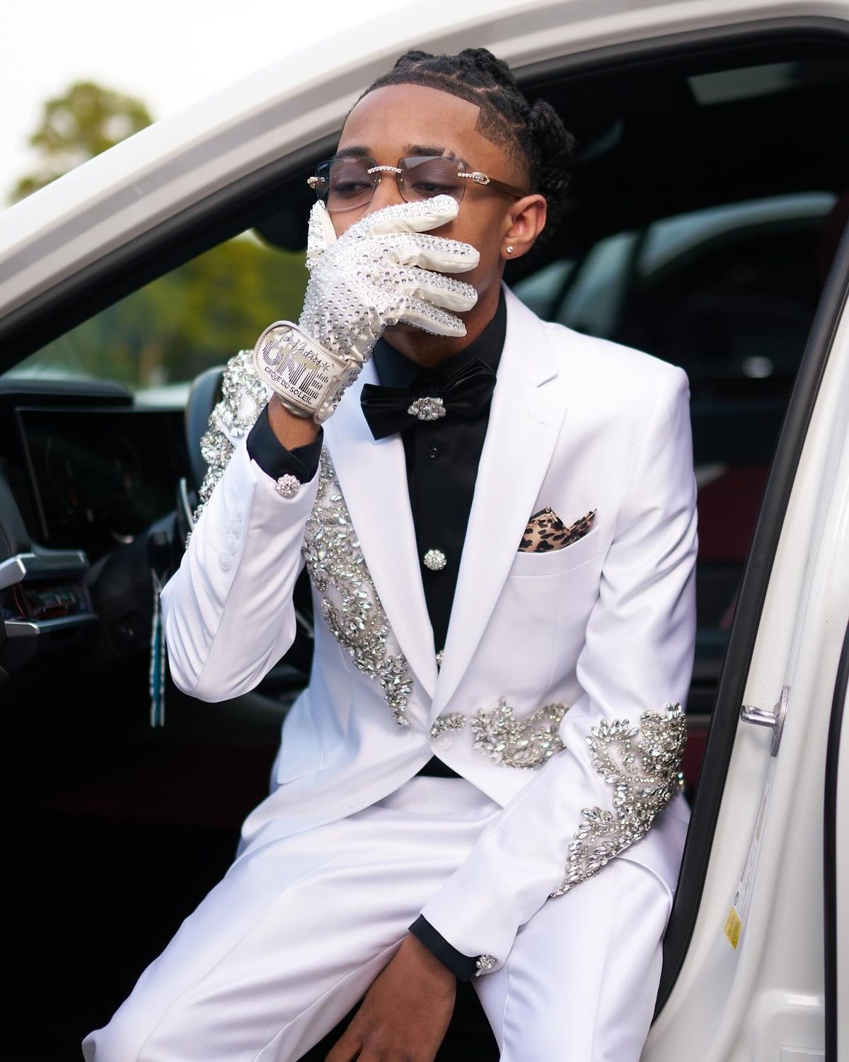 White Beading Luxury Men’s Suits 2Pcs Birthday Party Jacket Notch Lapel Coat