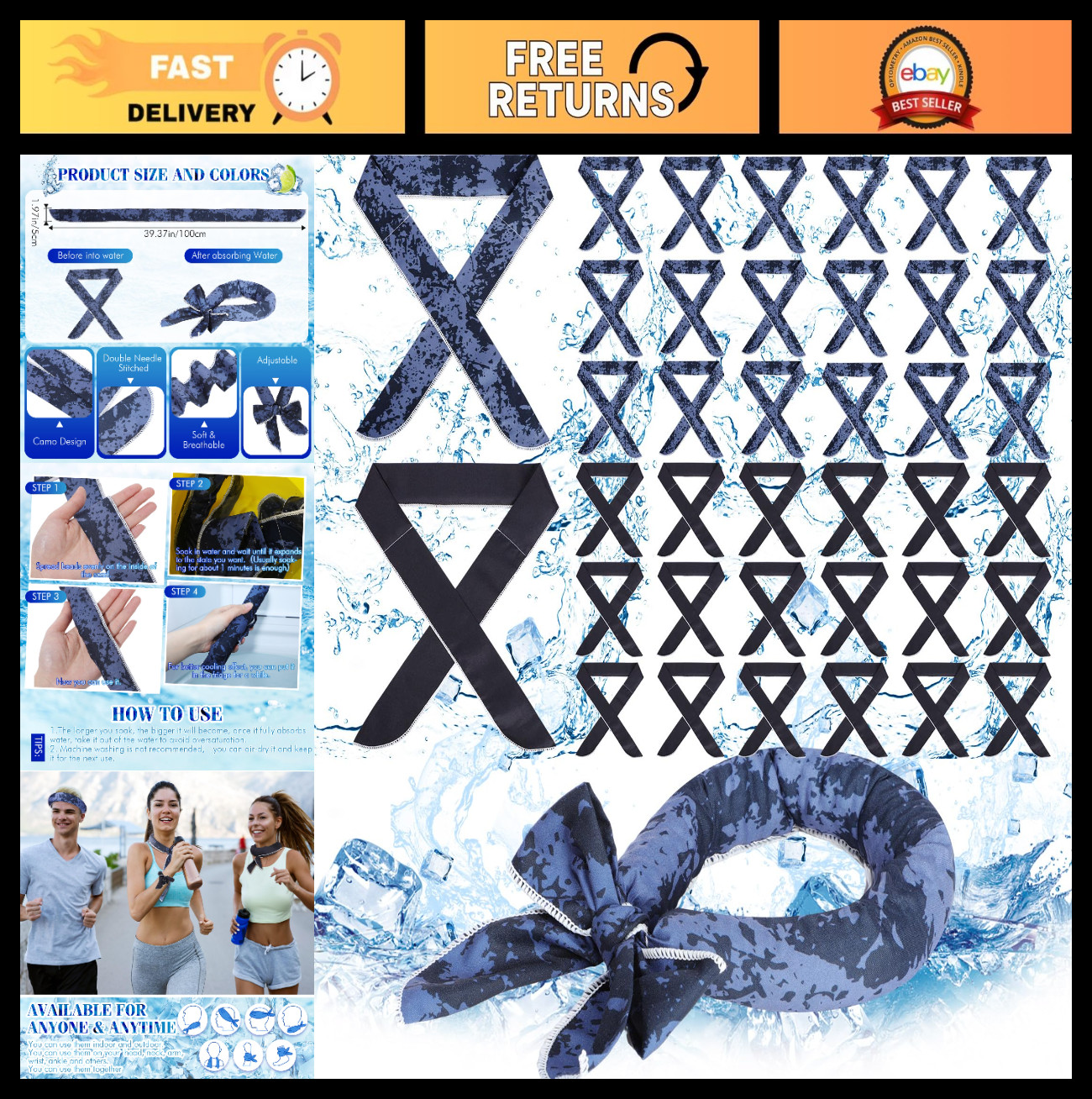36 Pcs Cooling Scarves Neck Wraps Ice Bandanas Headbands for Hot Weather Outdoor