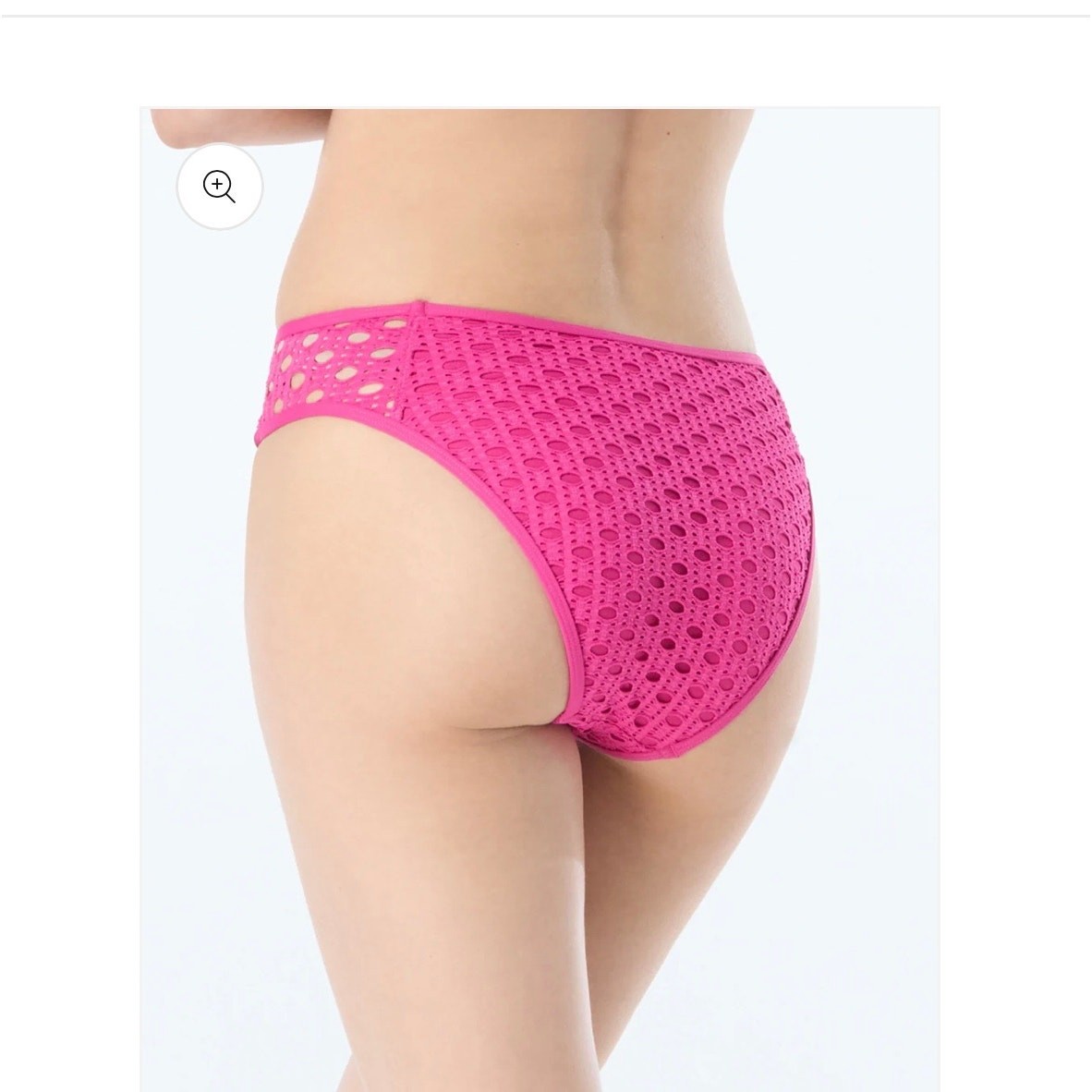 Carmen Mare Valvo Ultra Pink bikini bottom intricate crochet detail side peek