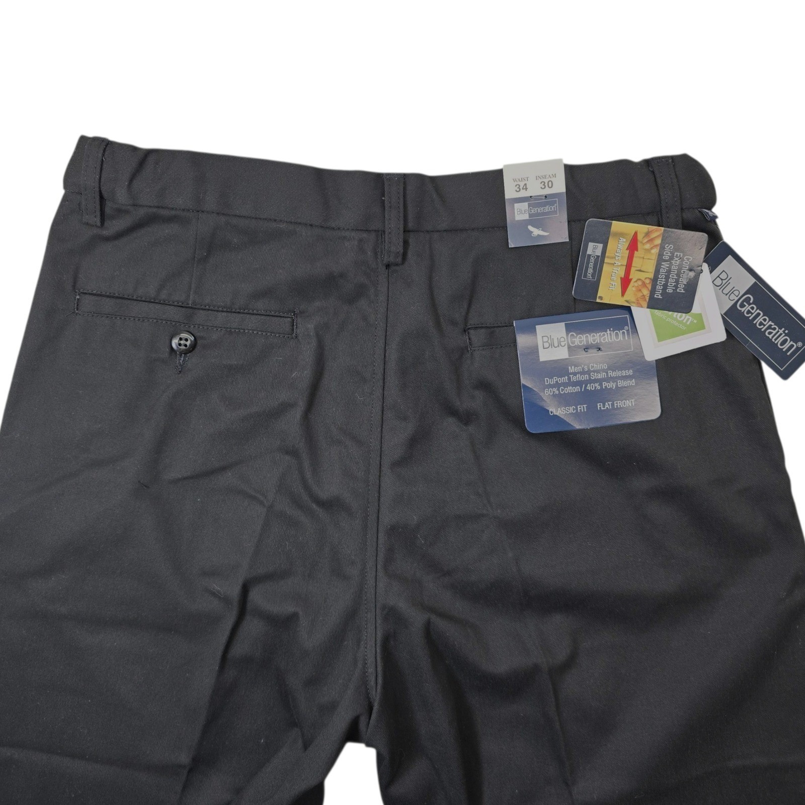 Blue Generation Mens Black Chino Pants Classic Fit Flat Front Size 34×30