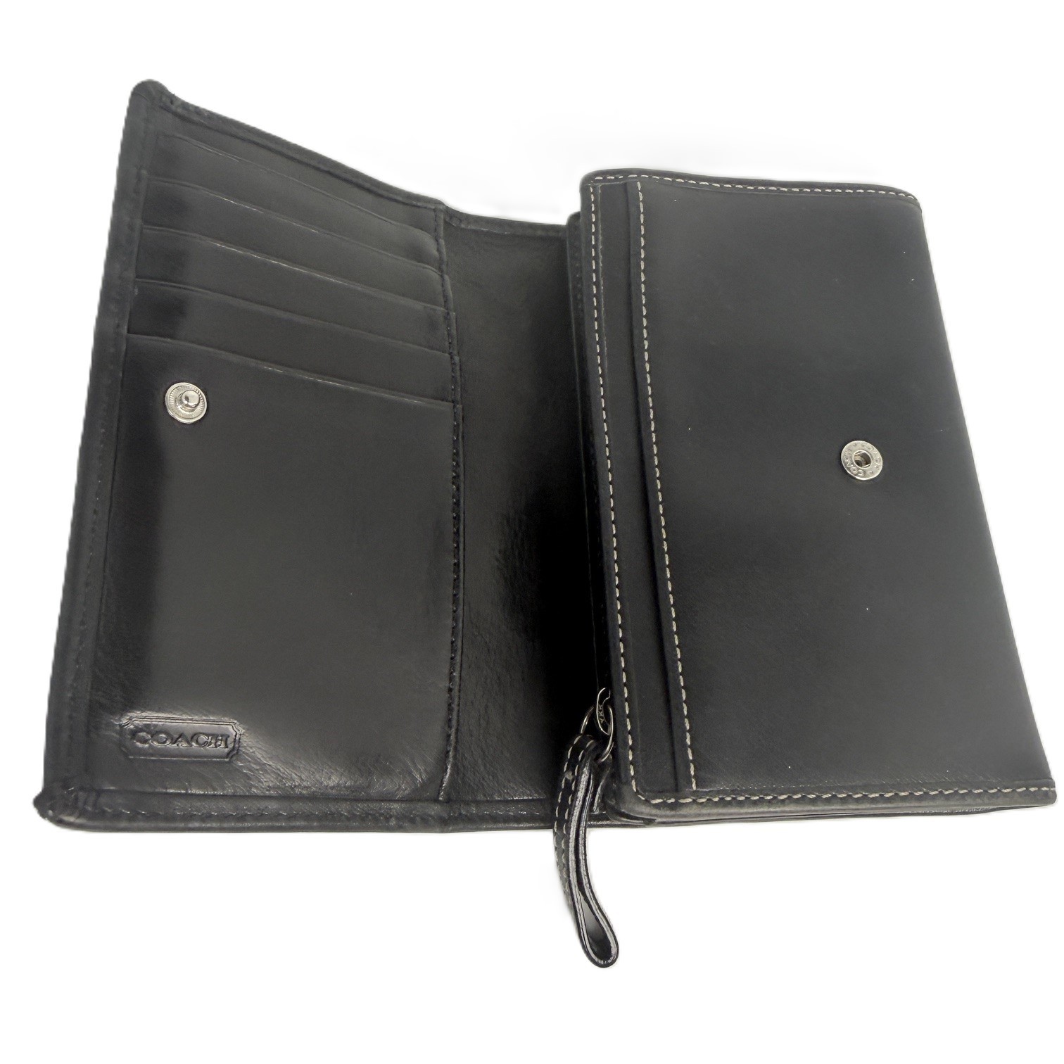 Coach Leatherware Black Leather Wallet Organizer White Stitch Zip Coin Holder