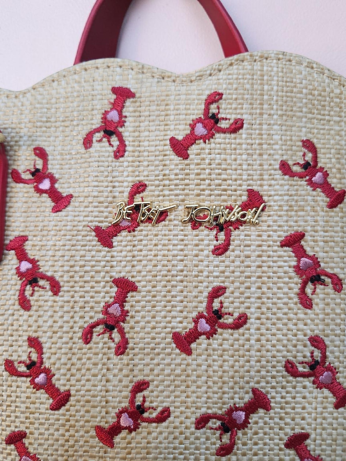 Betsey Johnson Lobster Print Straw Tote Beach Bag Scalloped Edges w/ Scarf New