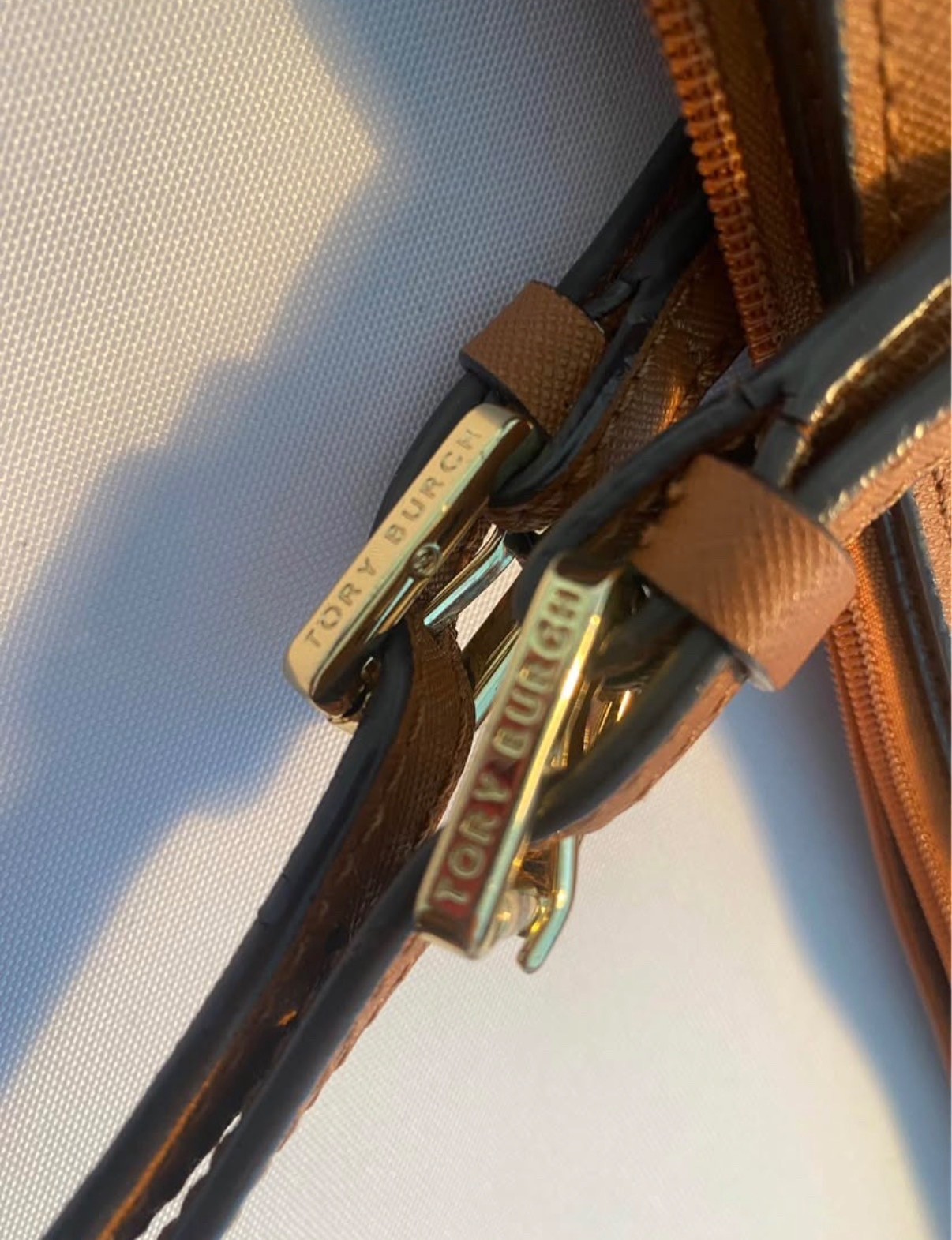 Tory Burch Brown Saffiano Leather. Large buckle tote