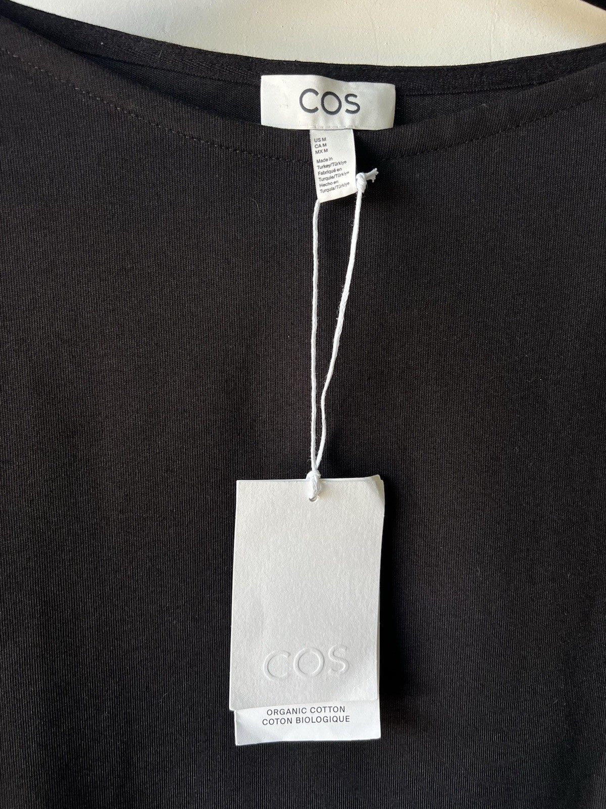 COS Black Organic Cotton Shift Dress M Boat Neck 3/4 Bell Sleeve Minimalist NWT