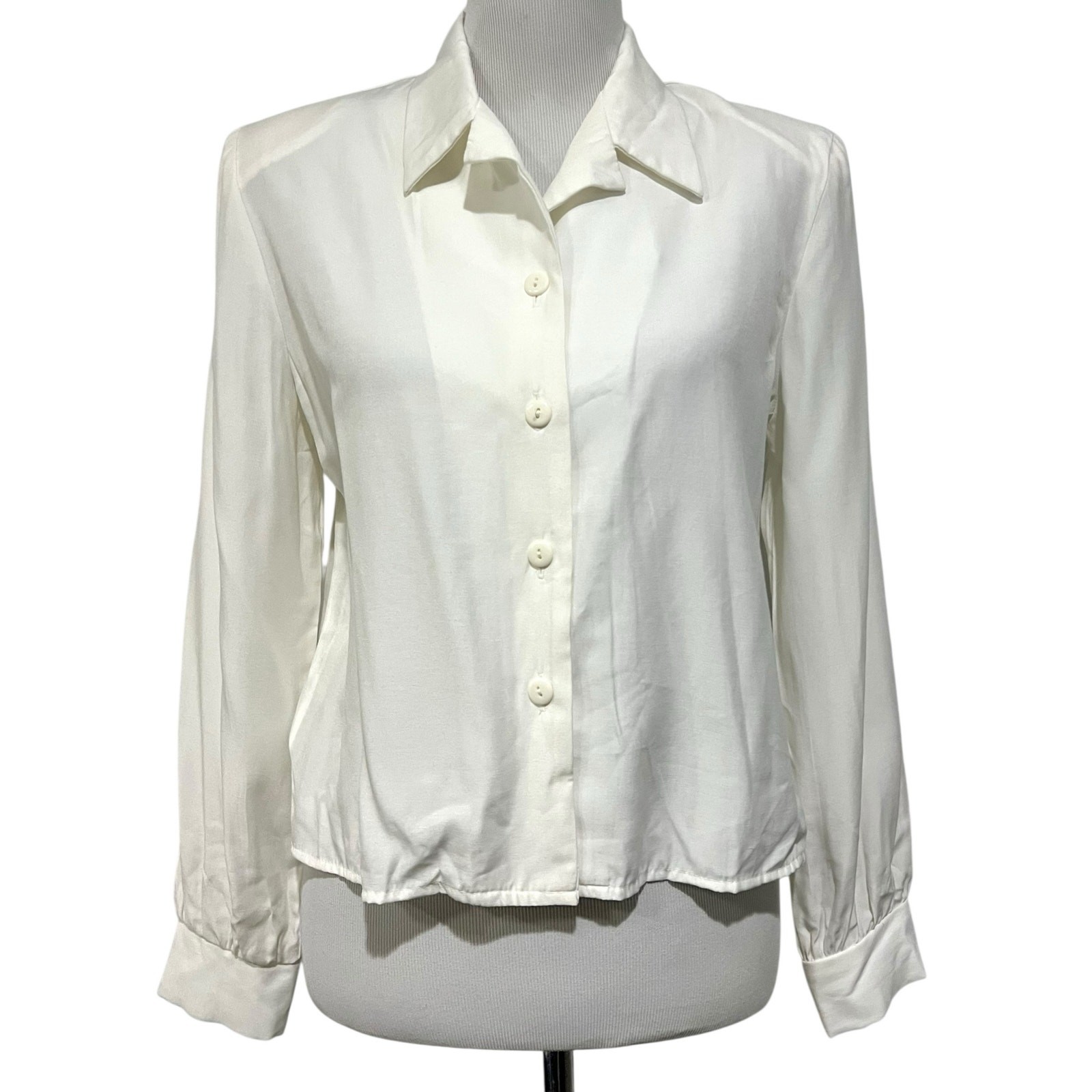 Vintage 90s Ivory Button Blouse Top Sz 9 Long Sleeve Shoulder Pads D.B.Y. Ltd.