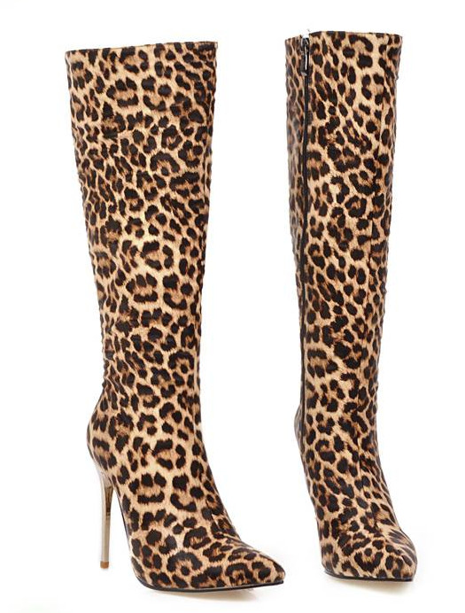 Plus Size Womens Pointy Toe Snake Pattern Stiletto Heels Knee High Boots Fashion