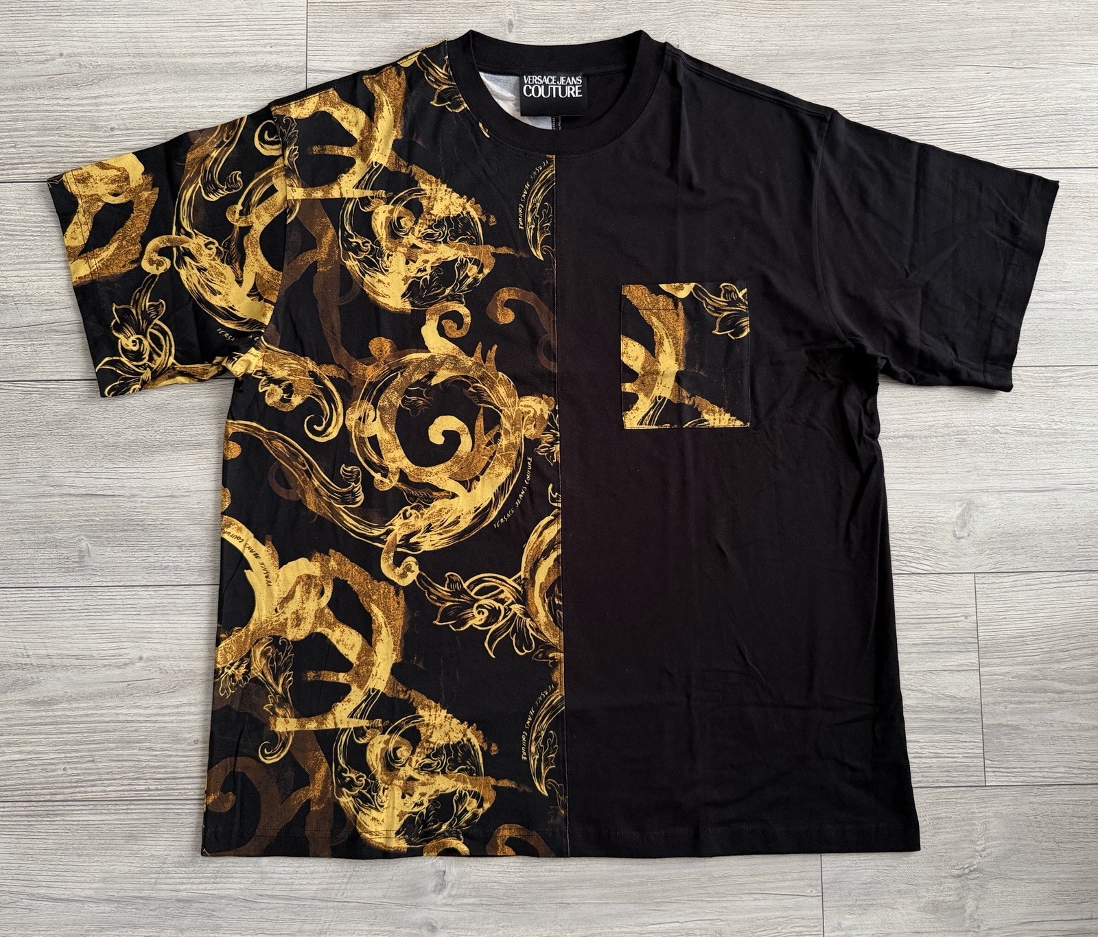 Versace Jeans Couture T-shirt XXL Size Half Gold Barocco Print Black New