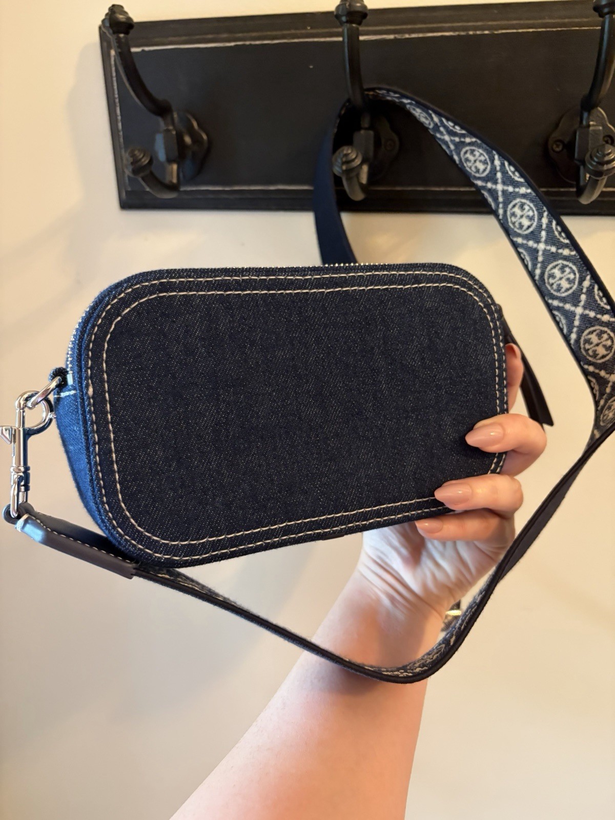 Tory Burch Blue Logo Small Crossbody Bag Zip Closure Silver Hardware Det Strap