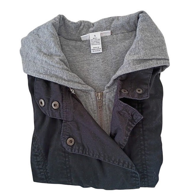 Style & Co 98% Cotton Utility Jacket Black Hooded Drawstring Effortless S