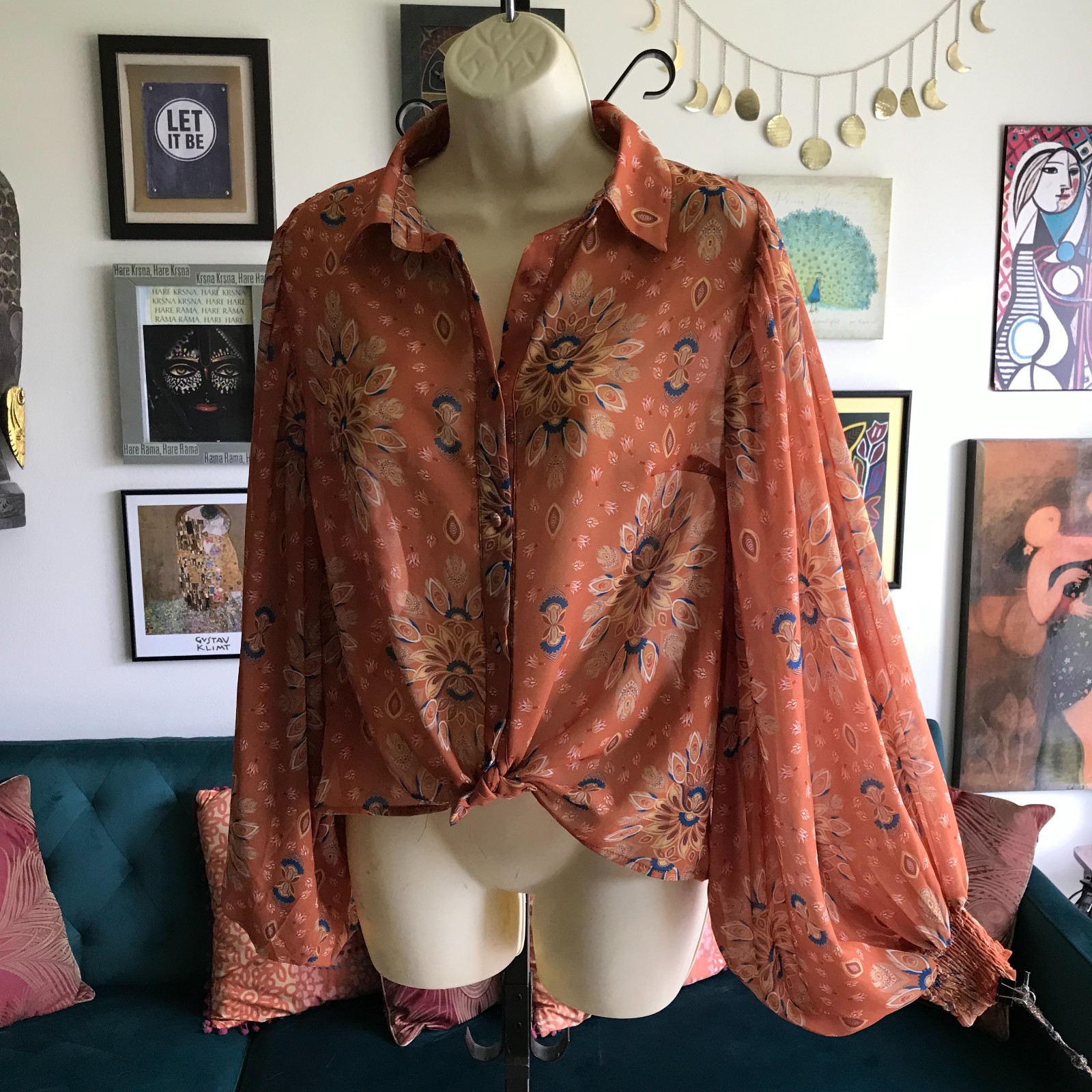 FLYING TOMATO size S Rust Gold & Blue Sheer Floral Balloon Sleeve Cropped Blouse