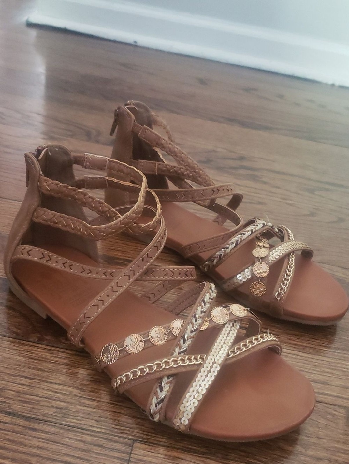 Singapore Tan Strappy Gladiator Sandals with Gold Accents Size 6