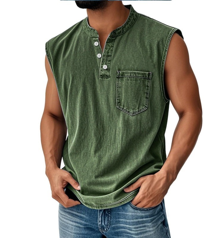 Men’s Sleeveless Henley T-Shirt Casual Cotton Blend Tank Top Summer Gym Vest