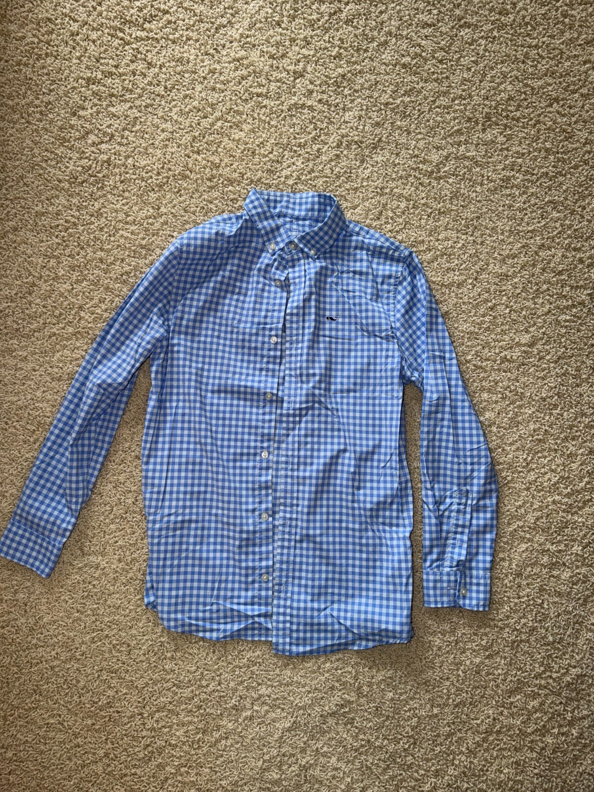 Vineyard Vines Boys Green White Gingham Whale Button-Down Dress Shirt M 12-14