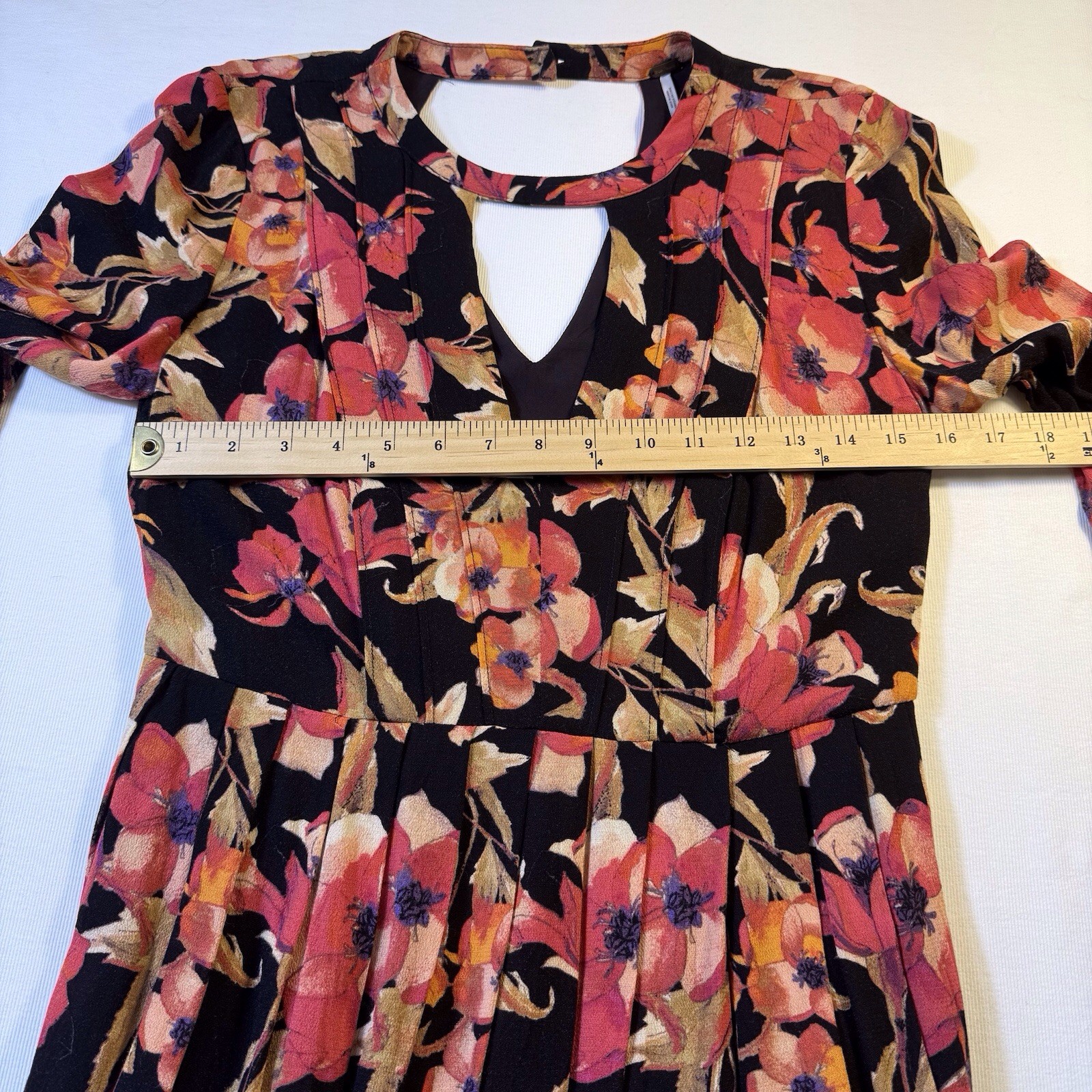 Free People Tegan Mini Dress 4 Floral Print Long Bell Sleeve Keyhole Black Coral
