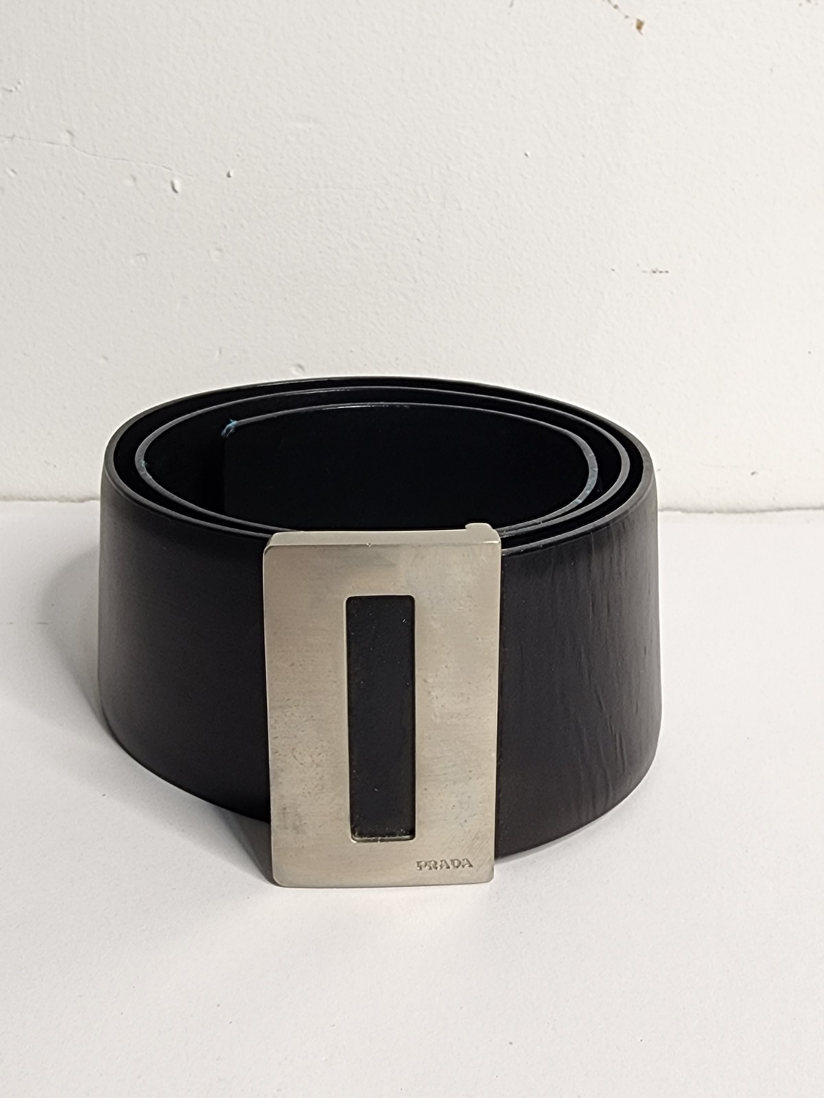 VTG Prada Black Leather wide Belt Silver Rectangular Buckle Made in Italy 32