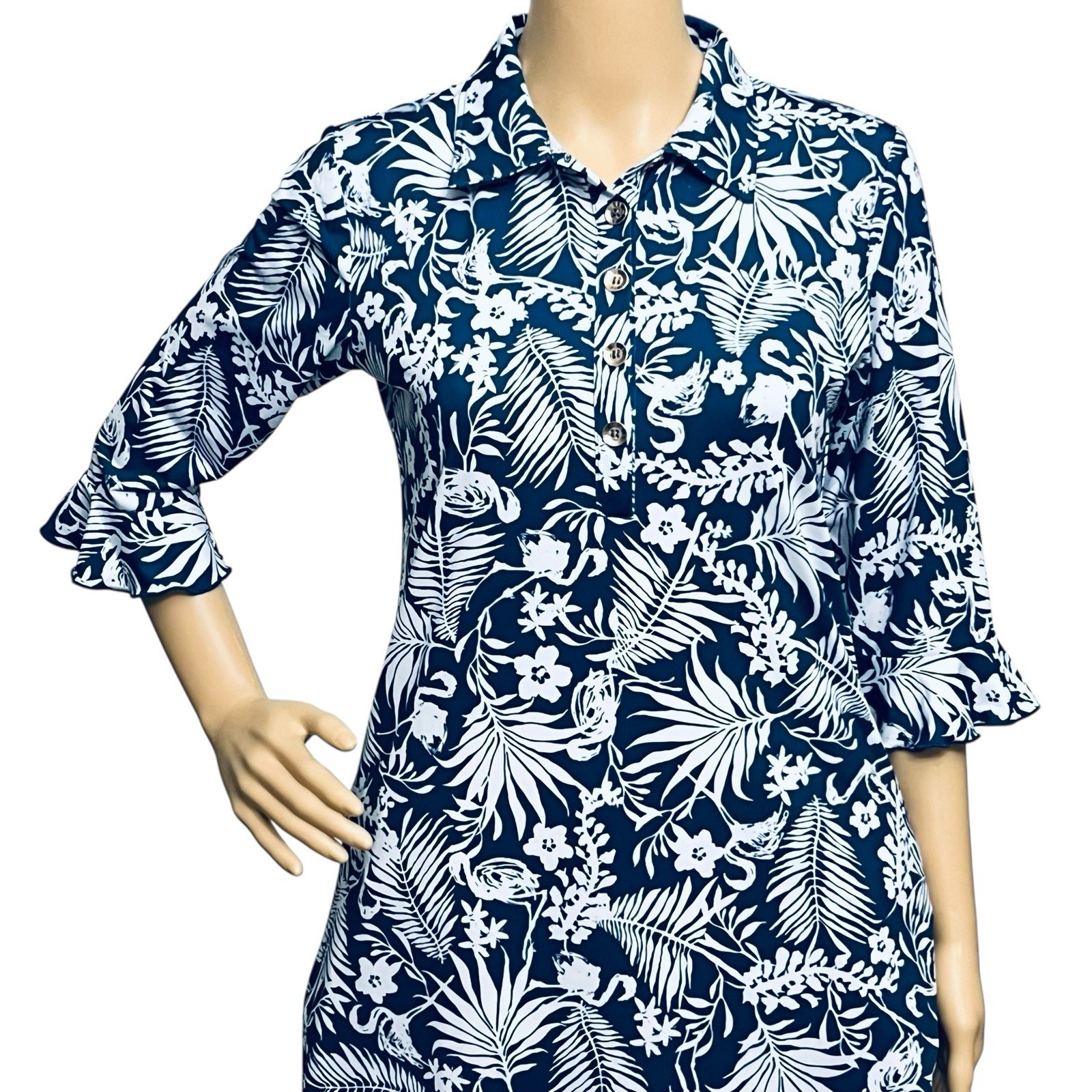 Ana Clare Dress UPF 50+ Tropical Floral Print Gold/Button 3/4 Bell Sleeve Sz S