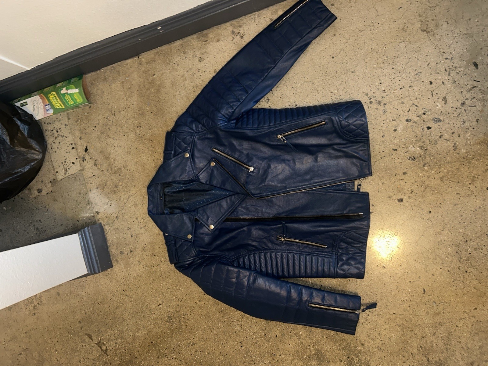 Men’s Genuine Leather Biker Jacket – Blue – XL – Quilted Moto Style.