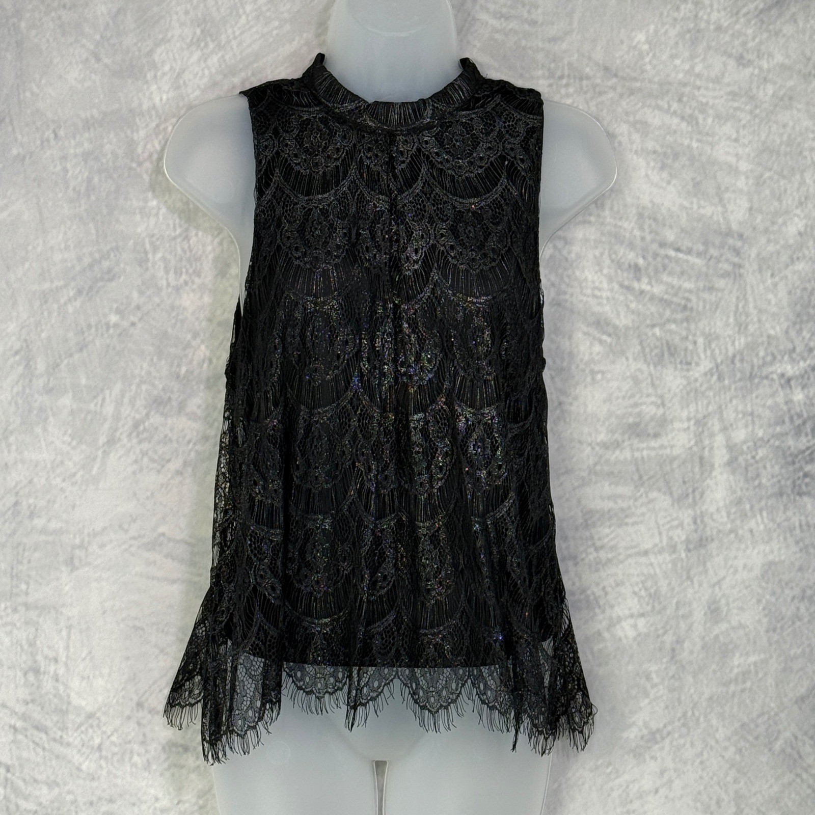 Whimsigoth Scalloped Lace Sleeveless Top Womens sz L Black metallic shimmer