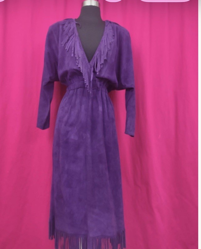 Purple Suede Fit & Flare Maxi Dress V-Neck Long Sleeve Fringe Pullover S