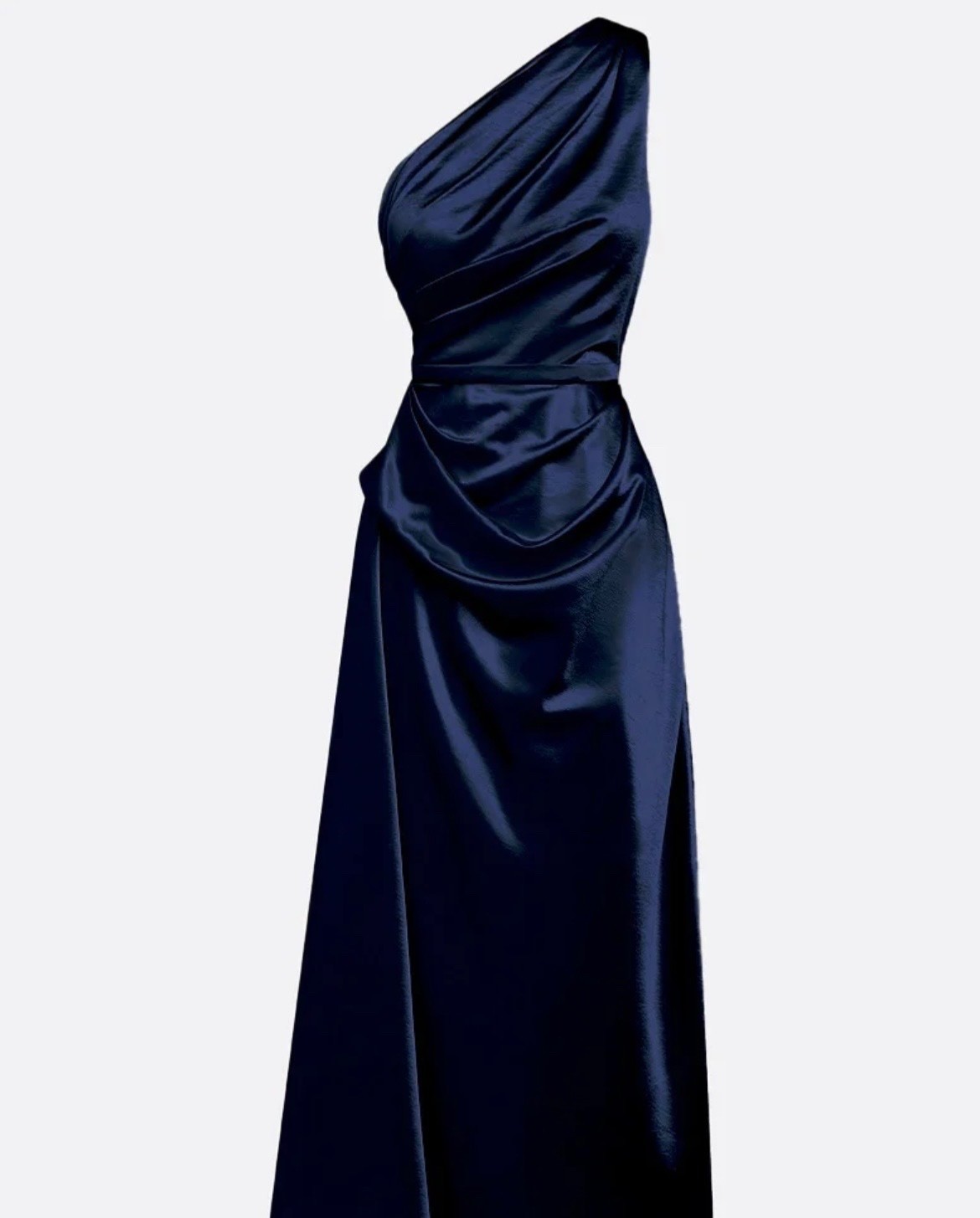 Fehaute – Navy Ruched Satin One Shoulder Sleeveless Sheath Midi Dress