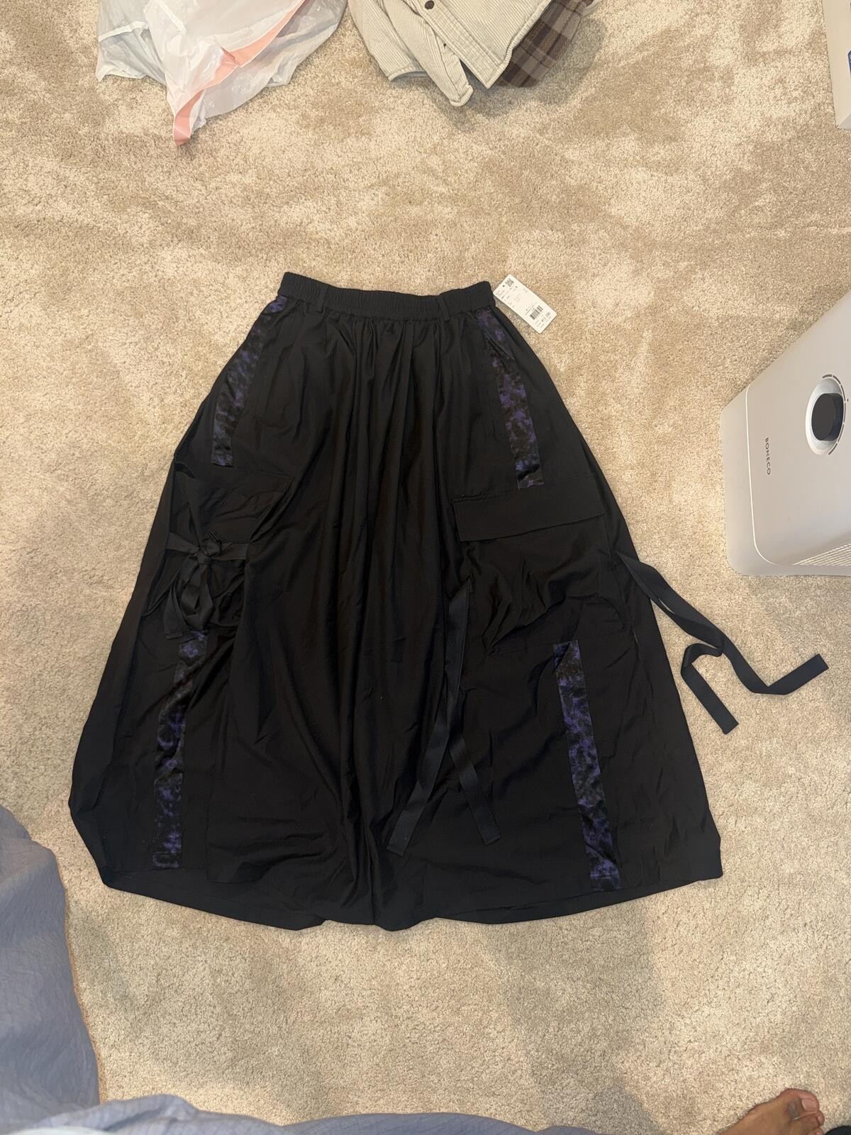 Japanese Black Wide-Leg Wrap Pants with Sheer Purple Accent Panels