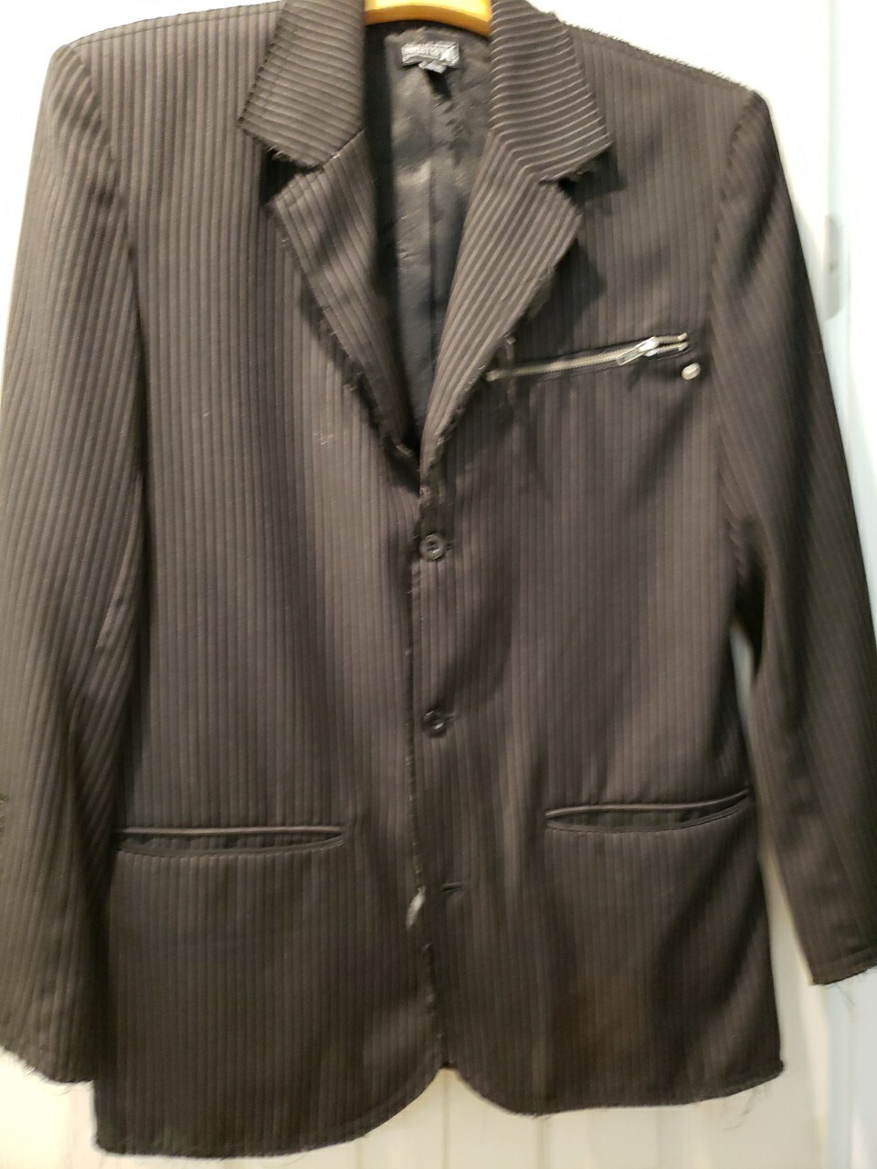Hurley Edgy Distressed Sport Suit Jacket Button Up Black Stripe Goth Frayed L