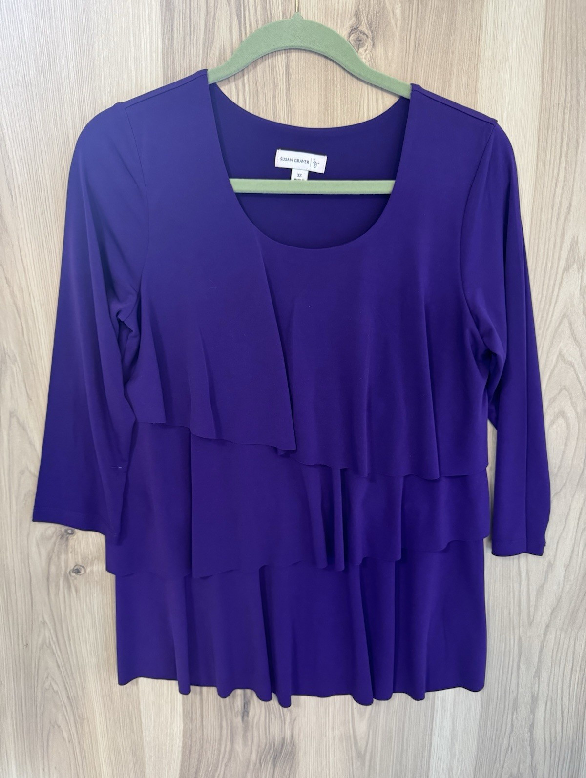 Susan Graver Purple Knit Stretch Ruffle Scoop Neck 3/4 Sleeve Pullover XS
