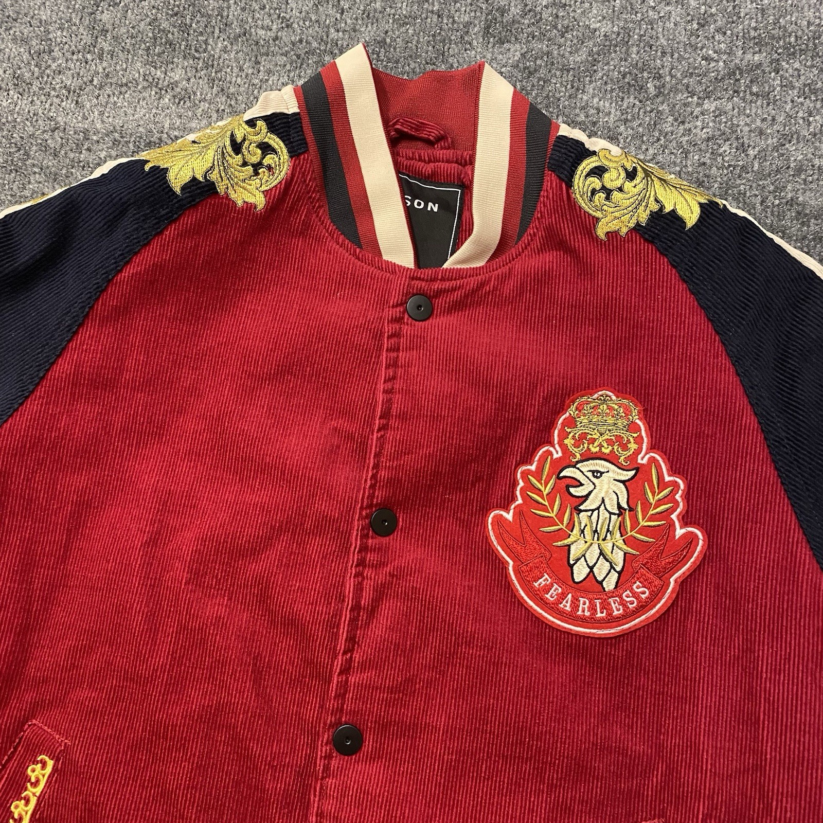 Reason Cutless Crown Royalty Bomber Jacket Mens Small Corduroy Embroidered