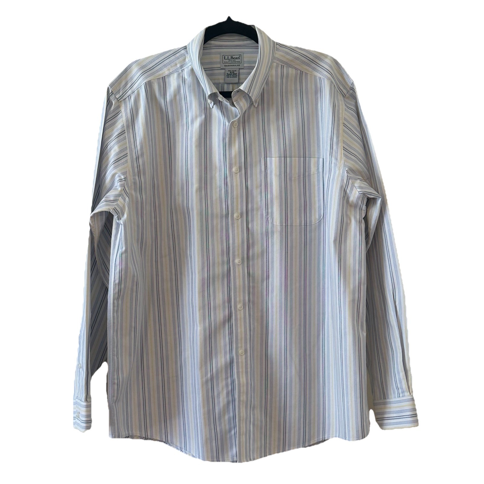 LL Bean Traditional Fit 16 35 Blue Yellow Striped Oxford Preppy Shirt Timeless