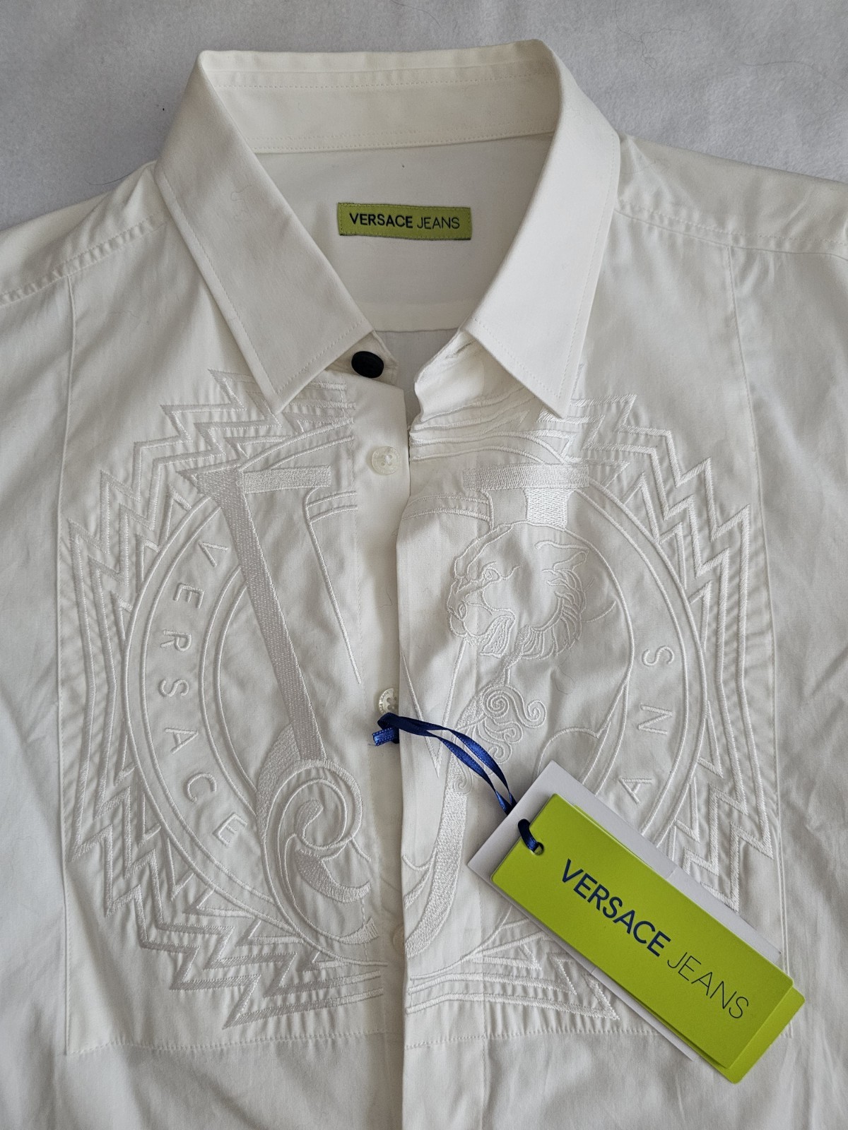 NWT Vintage Versace Jeans Mens Dress Shirt White Embroidered Logo Size S