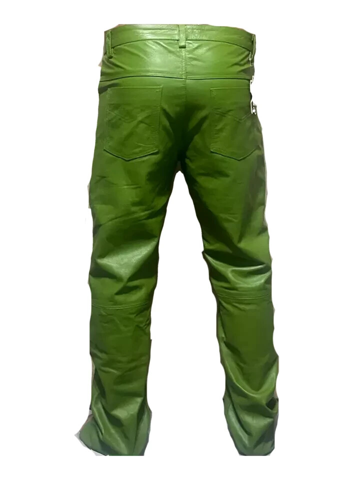 Mens Biker Jeans Real Green Or Cow Leather Sleek And Sexy 501 Style Pants New