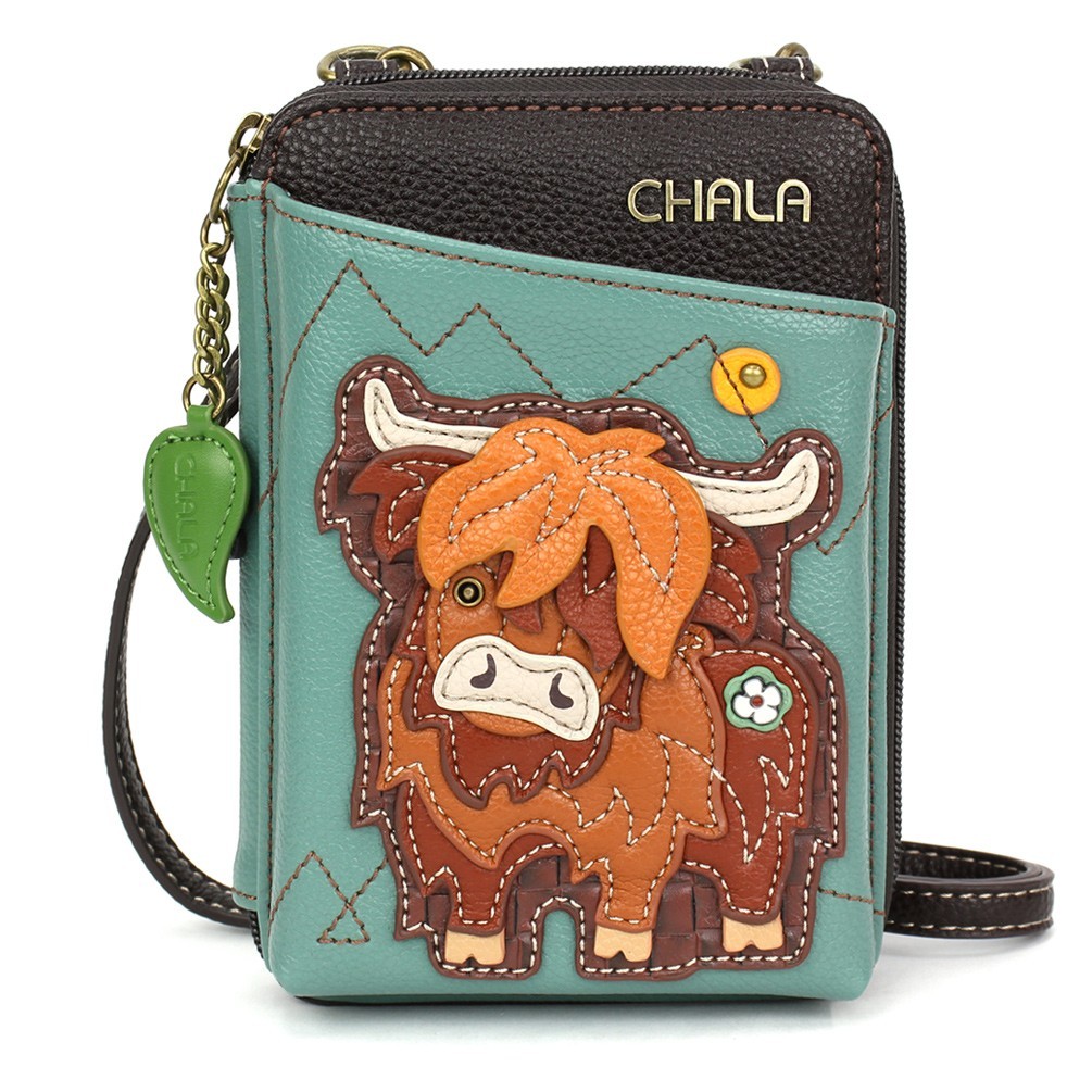 NEW CHALA HIGHLAND COW TEAL GREEN BLUE ZIPPERED CROSSBODY WALLET FAUX LEATHER
