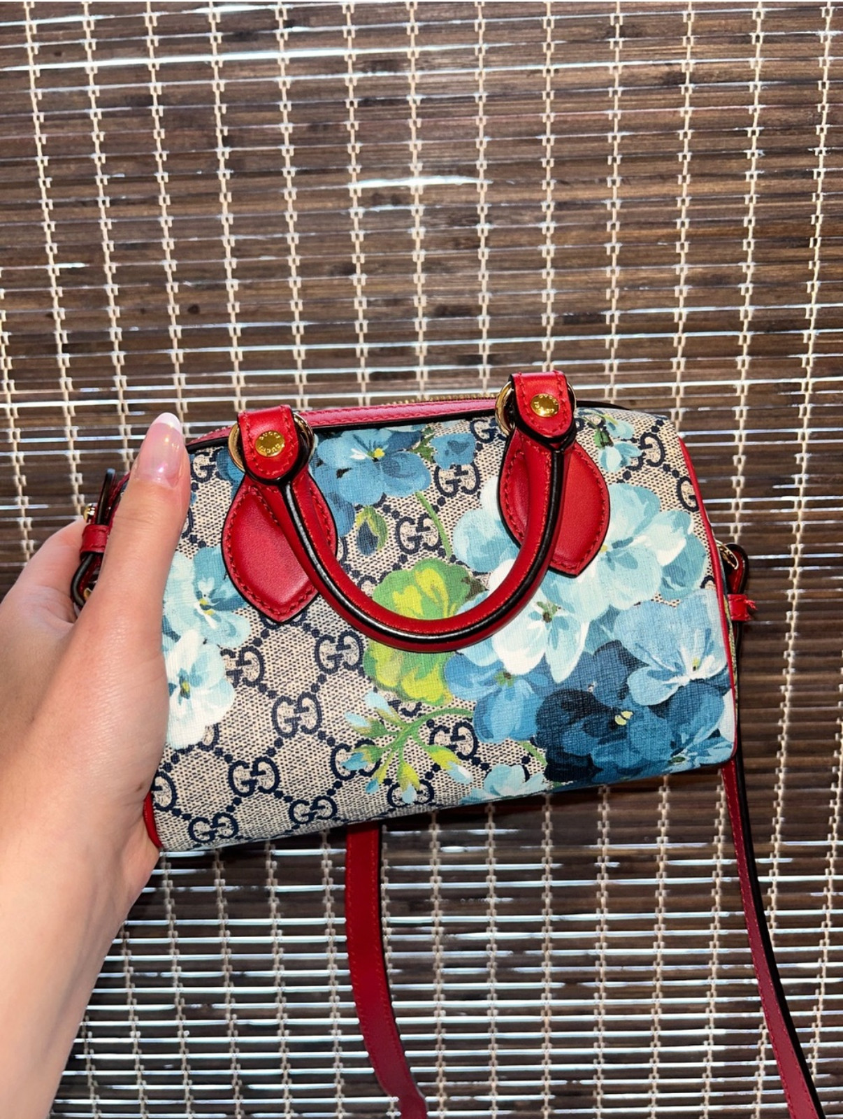 Gucci Bloom Floral GG Nano Boston Top-Handle Crossbody Bag Red Trim Authentic