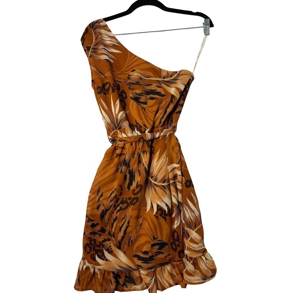 One Shoulder Tropical Leopard Print Ruffle Mini Dress Rust Brown Orange