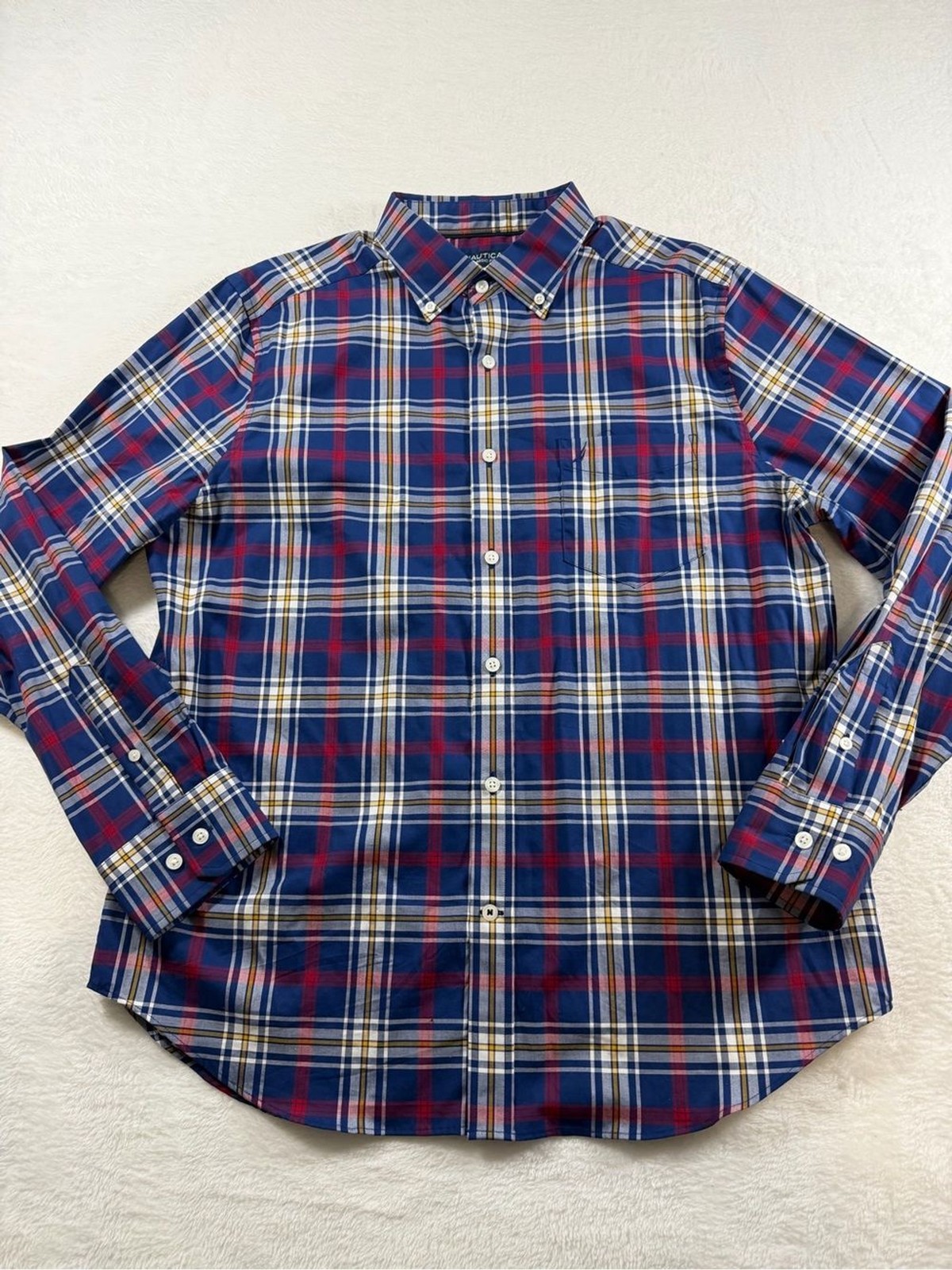 Nautica Blue, Red & White Plaid Button-Down Shirt