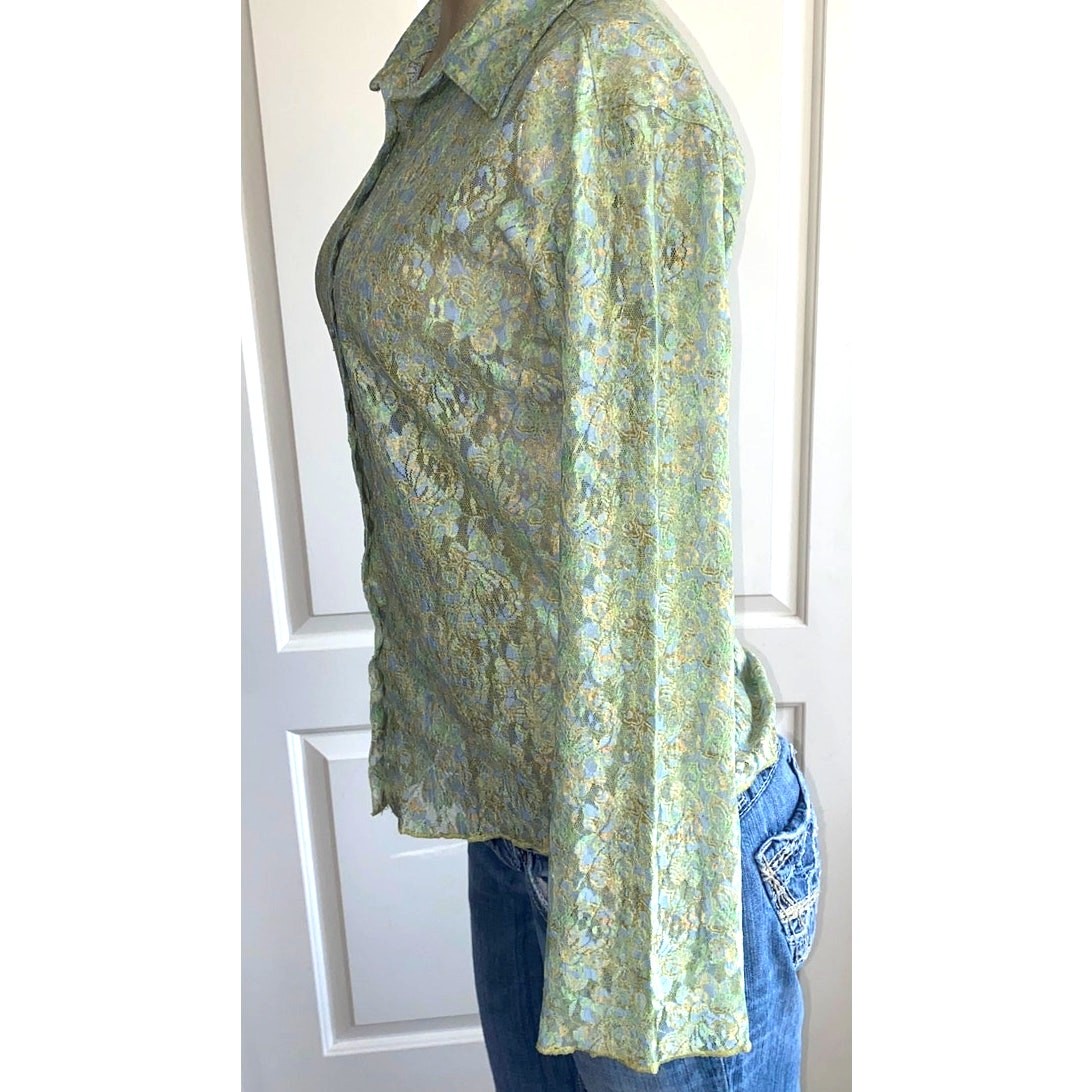 20X Women Medium Blouse Top Button up Y2K Buffy Lace Floral Flare Sleeve