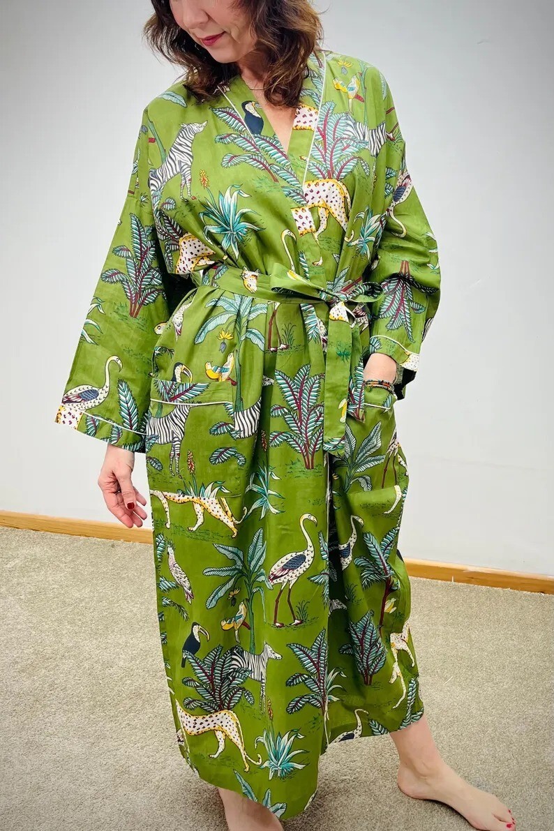 Green Tiger Cotton Robe Long Kimono Indian Sleepwear Night Suit Kimono Robes US