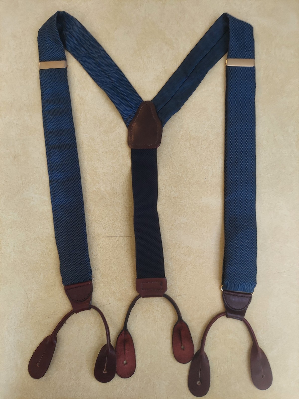 Vtg CAS West Germany Chevron Striped Leather Adjustable Y Suspenders Button