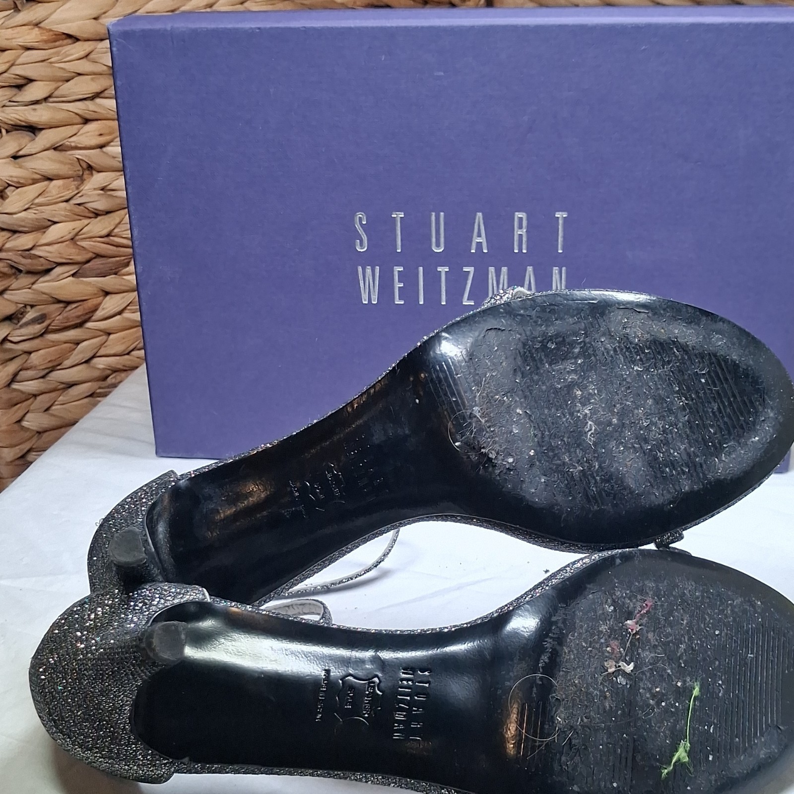 Stuart Weitzman Pewter Glitter Ankle Strap Stiletto Open Toe Heels 7B